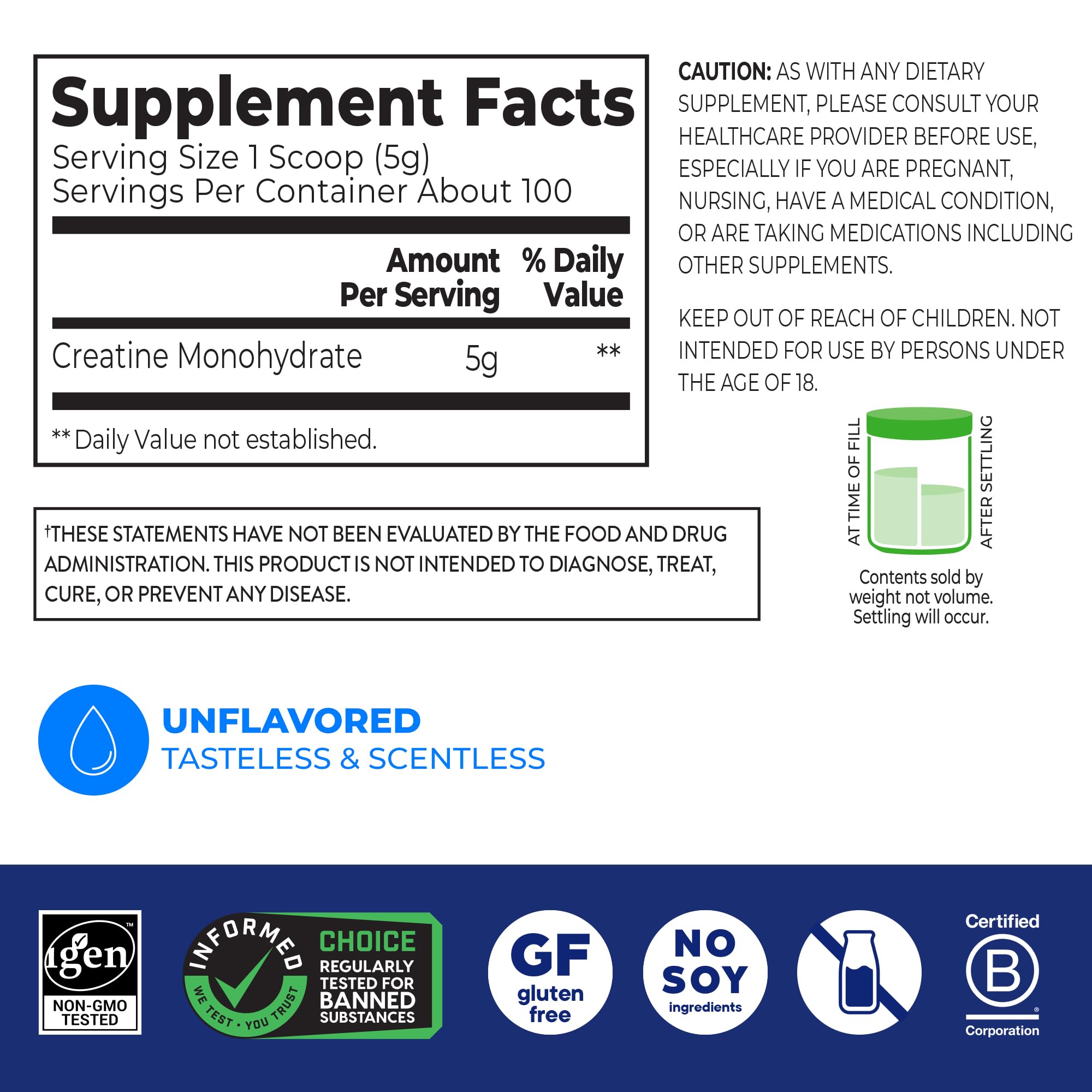 Orgain 5g Creatine Monohydrate Micronized Powder, Unflavored, 100 Servings | Creatine to support muscle growth, post workout recovery & brain health, no artificial additives, non-GMO, 17.64oz