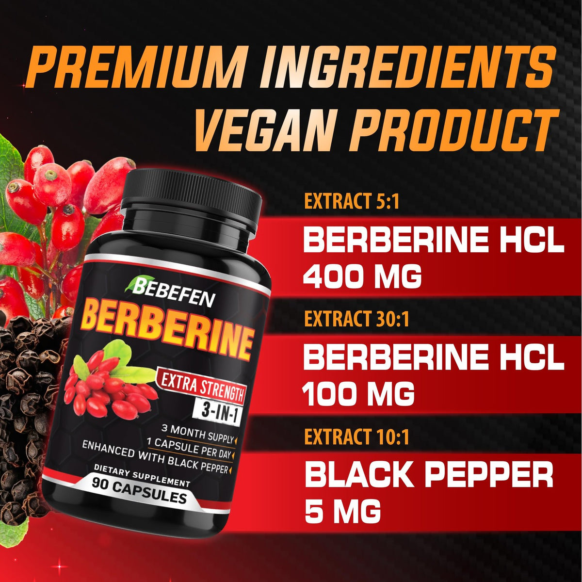 Berberine Capsules with Black Pepper Extract - 90 Capsules - 3 Month Supply