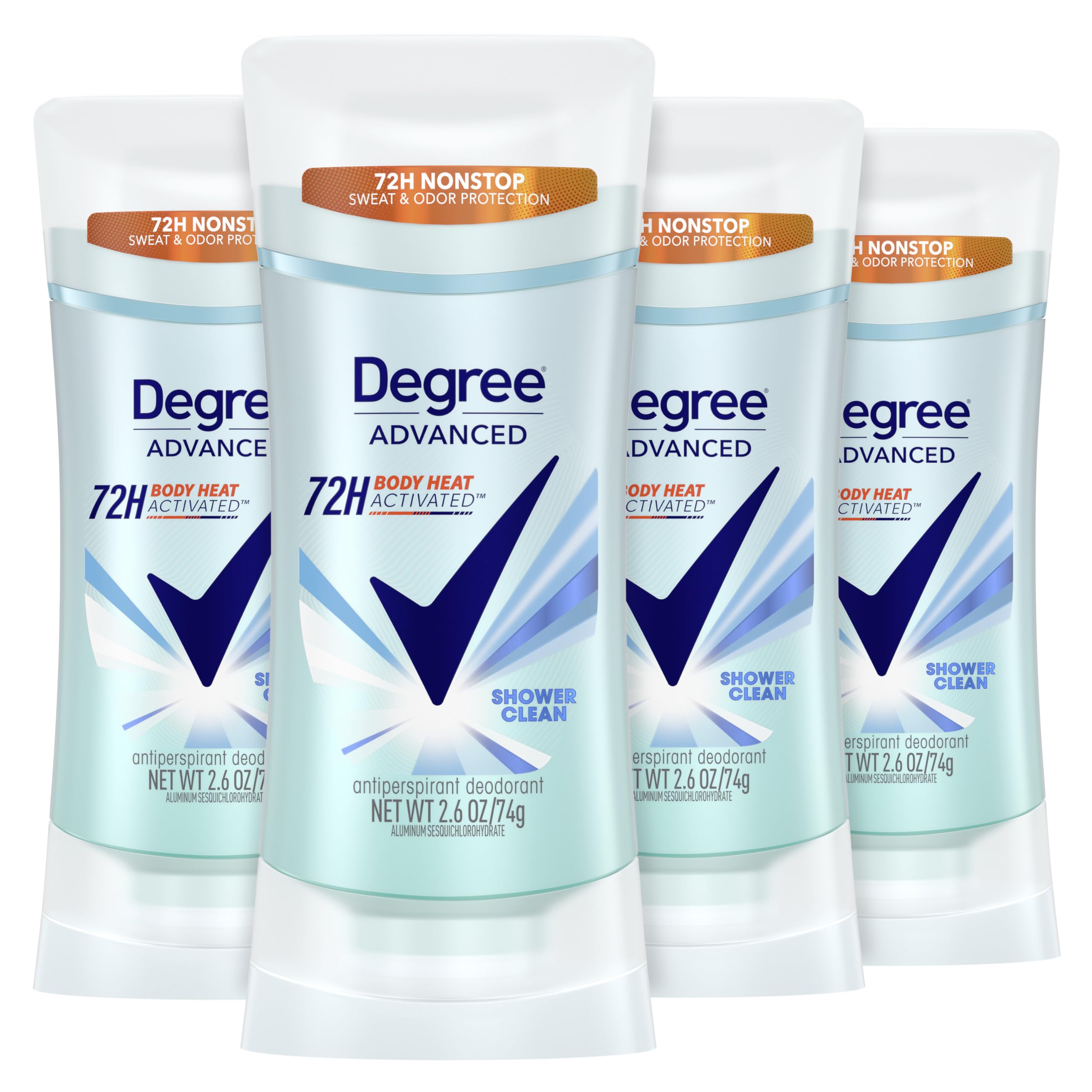 Degree Advanced Antiperspirant Deodorant 4 count 72-Hour Sweat & Odor Protection Shower Clean Antiperspirant for Women with MotionSense Technology 2.6 oz | For active days, Helps stay fresh & confident, With MotionSense, Shower Clean scent