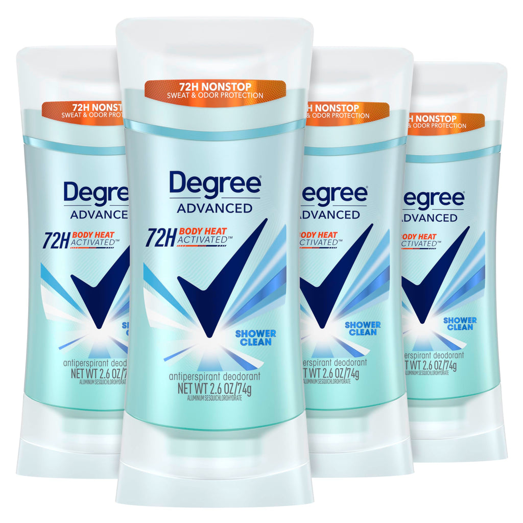 Degree Advanced Antiperspirant Deodorant 4 count 72-Hour Sweat & Odor Protection Shower Clean Antiperspirant for Women with MotionSense Technology 2.6 oz | For active days, Helps stay fresh & confident, With MotionSense, Shower Clean scent