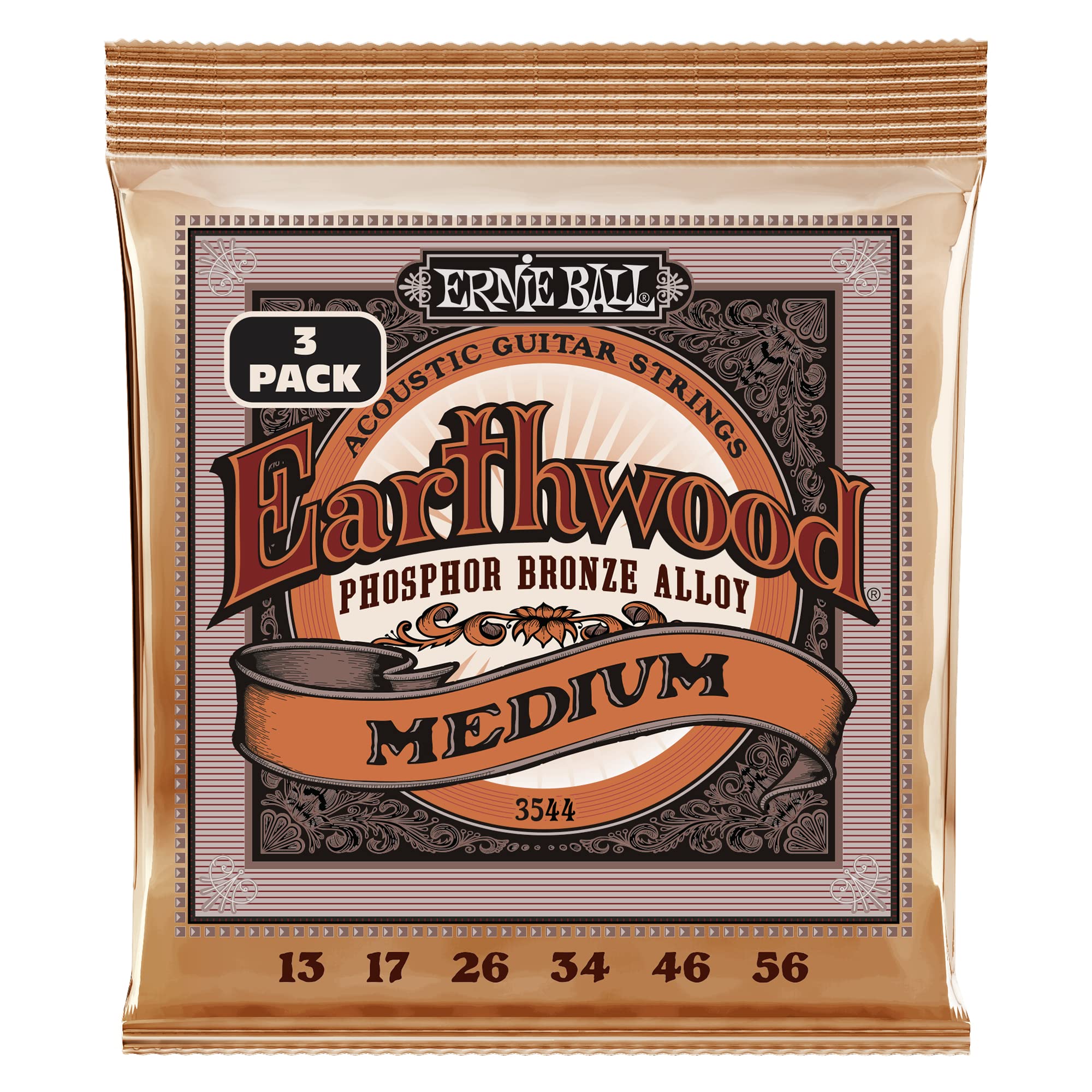 Buy now Ernie Ball Earthwood Medium Light Phosphor Bronze Acoustic Guitar Strings, 12-54 Gauge (P02146) Medium (13-56) 3-Pack at indiglob india