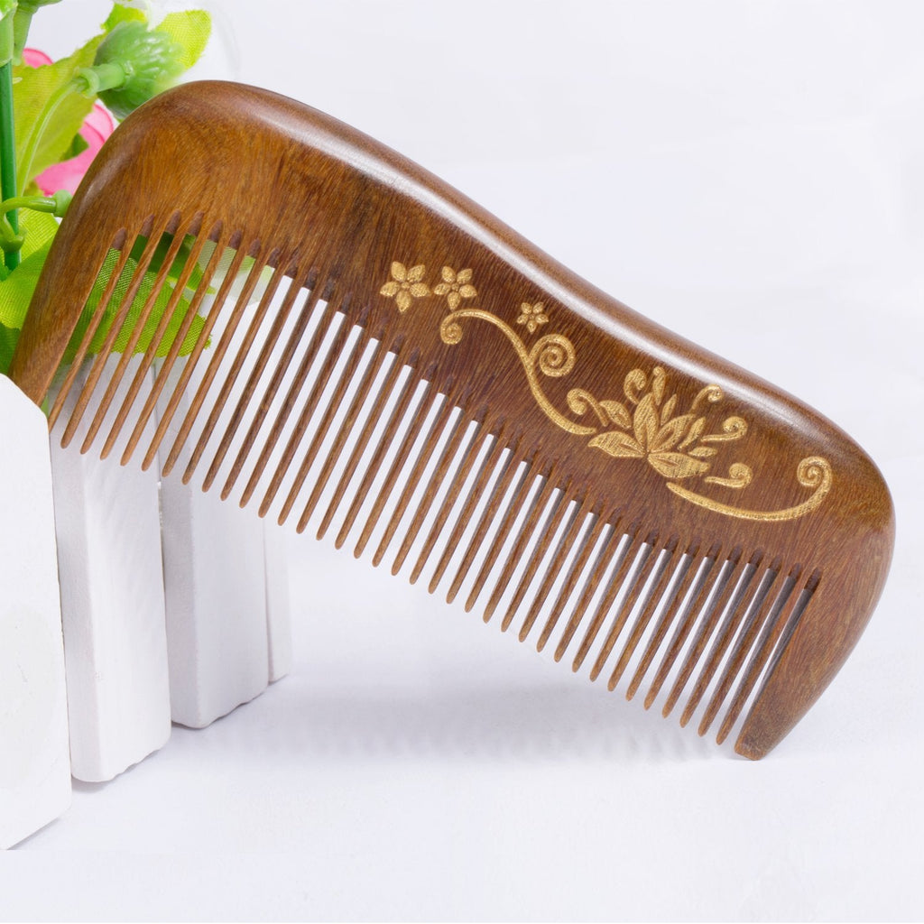 Buy now Breezelike Sandalwood Hair Comb - No Static Handmade Wooden Fine Tooth Detangling Comb with Golden Painted Flower at indiglob india