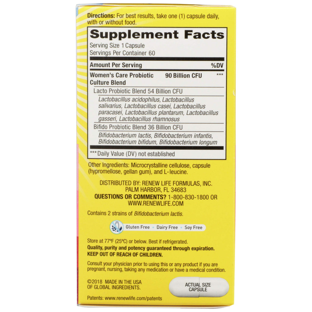 Renew Life Women's Care Probiotic 90 Billion CFU | 60 Vegetarian Capsules | Promote Digestive Health & Regularity | Dairy, Soy and Gluten Free Supplement