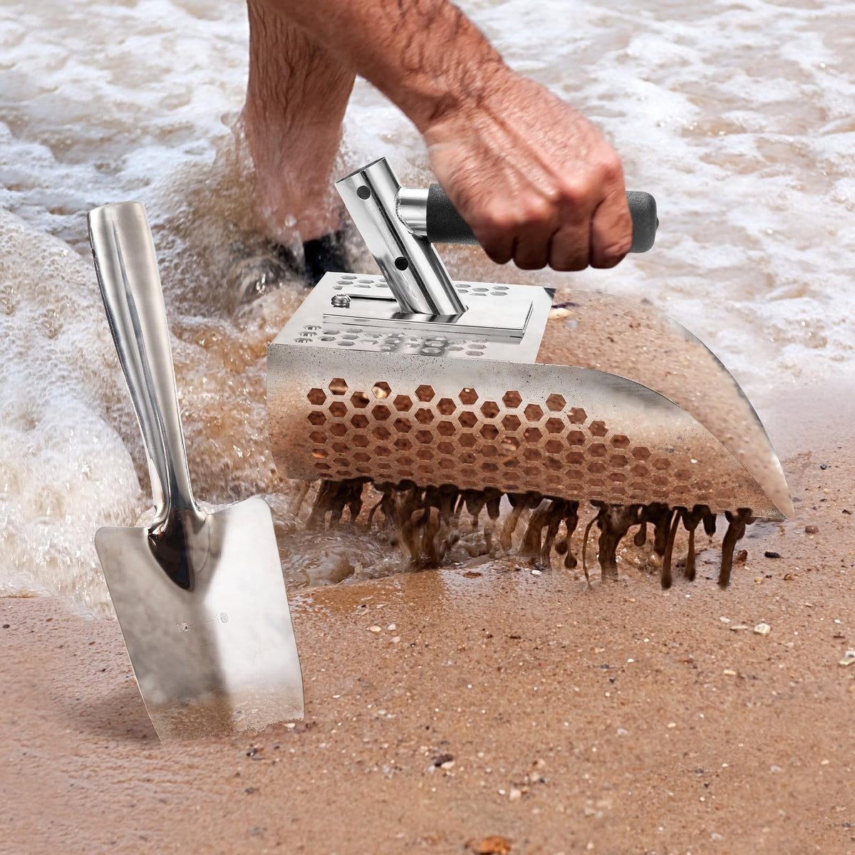 GADFISH Sand Scoop for Metal Detecting, Metal Detector Scoop, Stainless Steel Sand Sifter Shovel, Fast Sifter Shovel for Underwater Treasure Hunting (Stainless Steel)