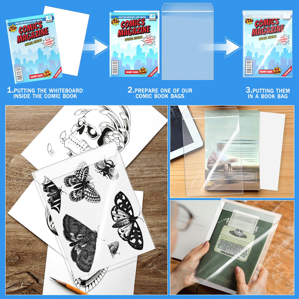 VOKOY 25 Sets Current Size Comic Book Bags and Boards, Reusable Transparent Comic Book Sleeves with Double-Sided White Cardboard Regular Comics Magazine Storage for Collector Small Business