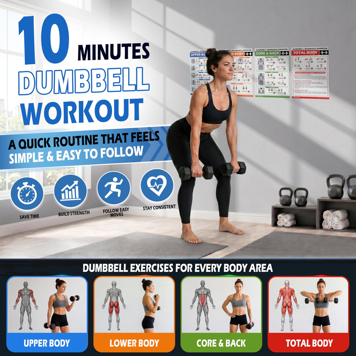 POCAZONE Dumbbell Workout Posters, 6 Pack Exercise Charts & Video Guide