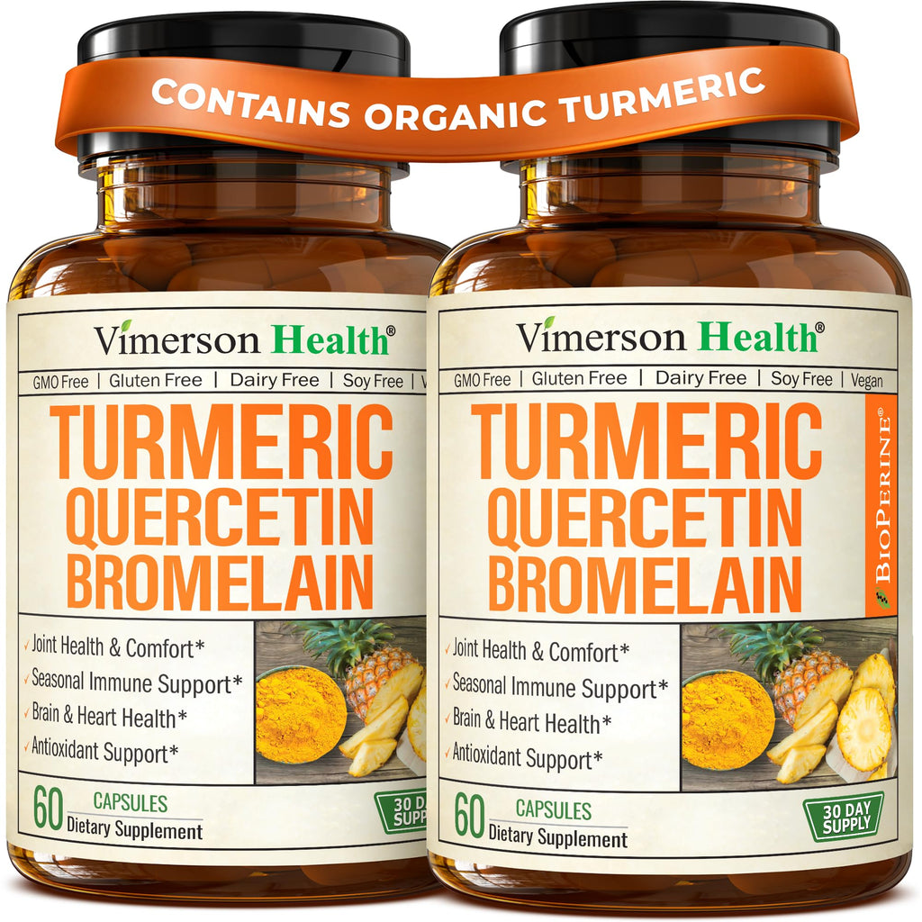 Quercetin with Bromelain Turmeric Curcumin Supplement – Triple Action: Allergy Relief, Inflammation and Joint Support with Organic Tumeric + Bioperine for Max Absorption – 60 Quercetin 500mg Capsules