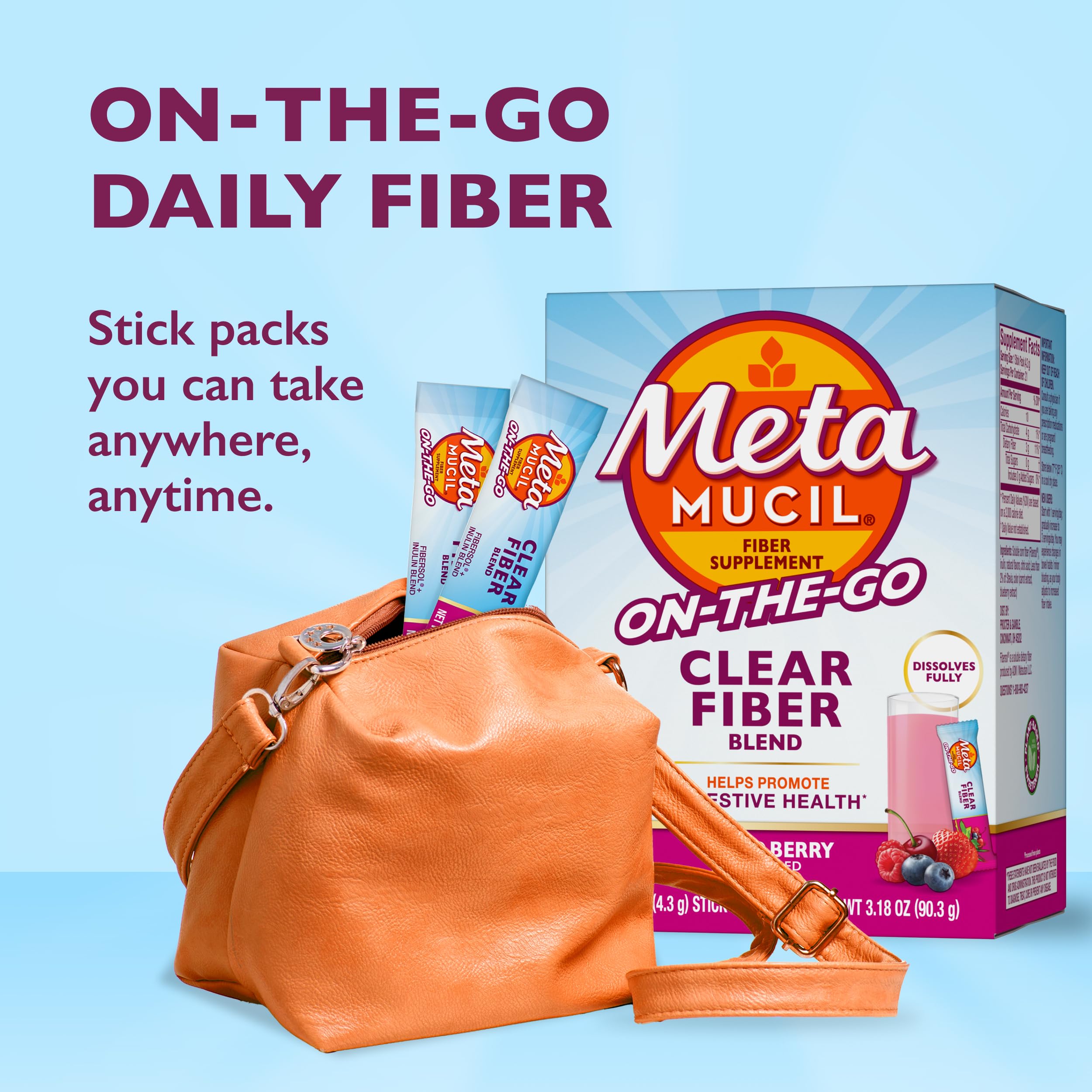 Metamucil Fiber Supplement, Clear Mixing Fiber Powder Stick Packs, Mixed Berry Flavor, On the go, Plant Based Prebiotic Fiber Supplement Blend for Daily Digestive Health, 21 Stick Packs