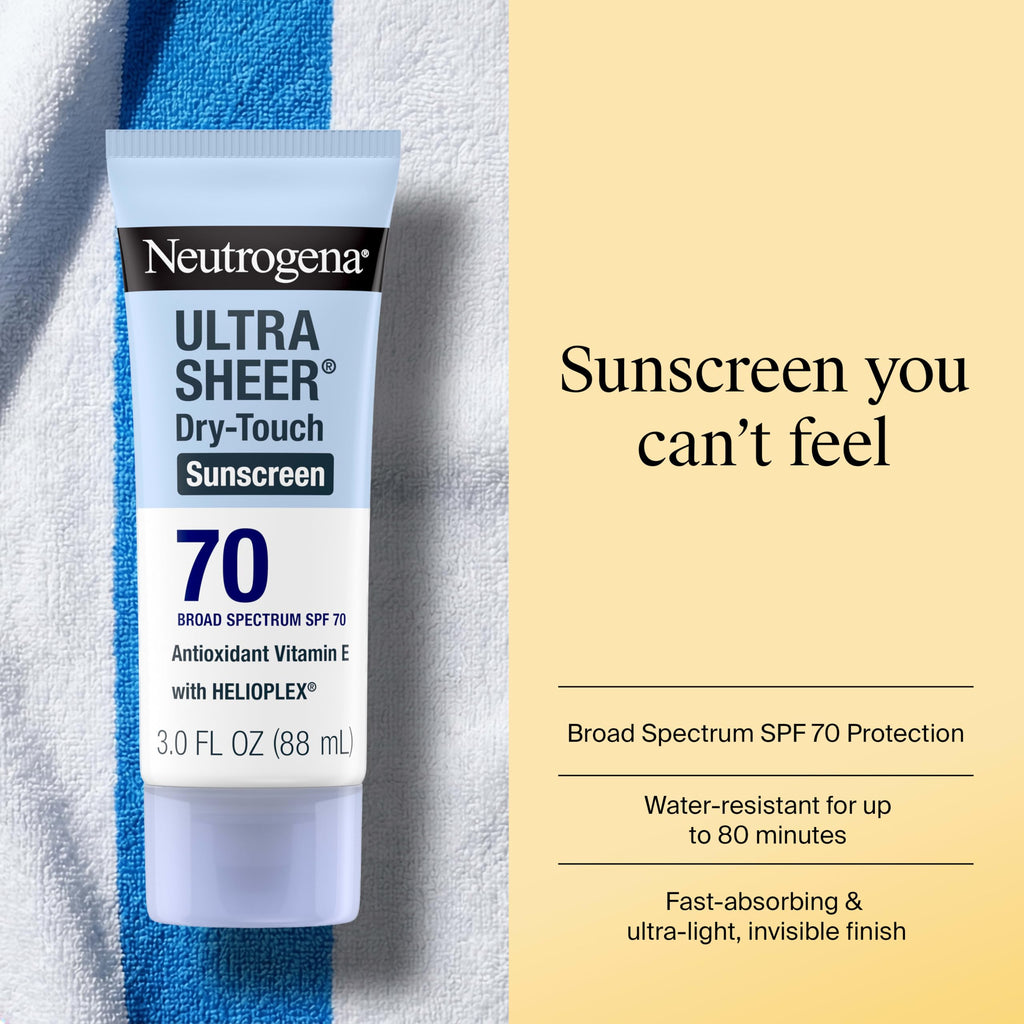 Neutrogena Ultra Sheer Dry Touch Sunscreen Lotion, SPF 70, 3 fl. oz | Broad Spectrum for UVA/UVB Protection, Lightweight, Water-Resistant up to 80 Minutes, Oxybenzone-Free