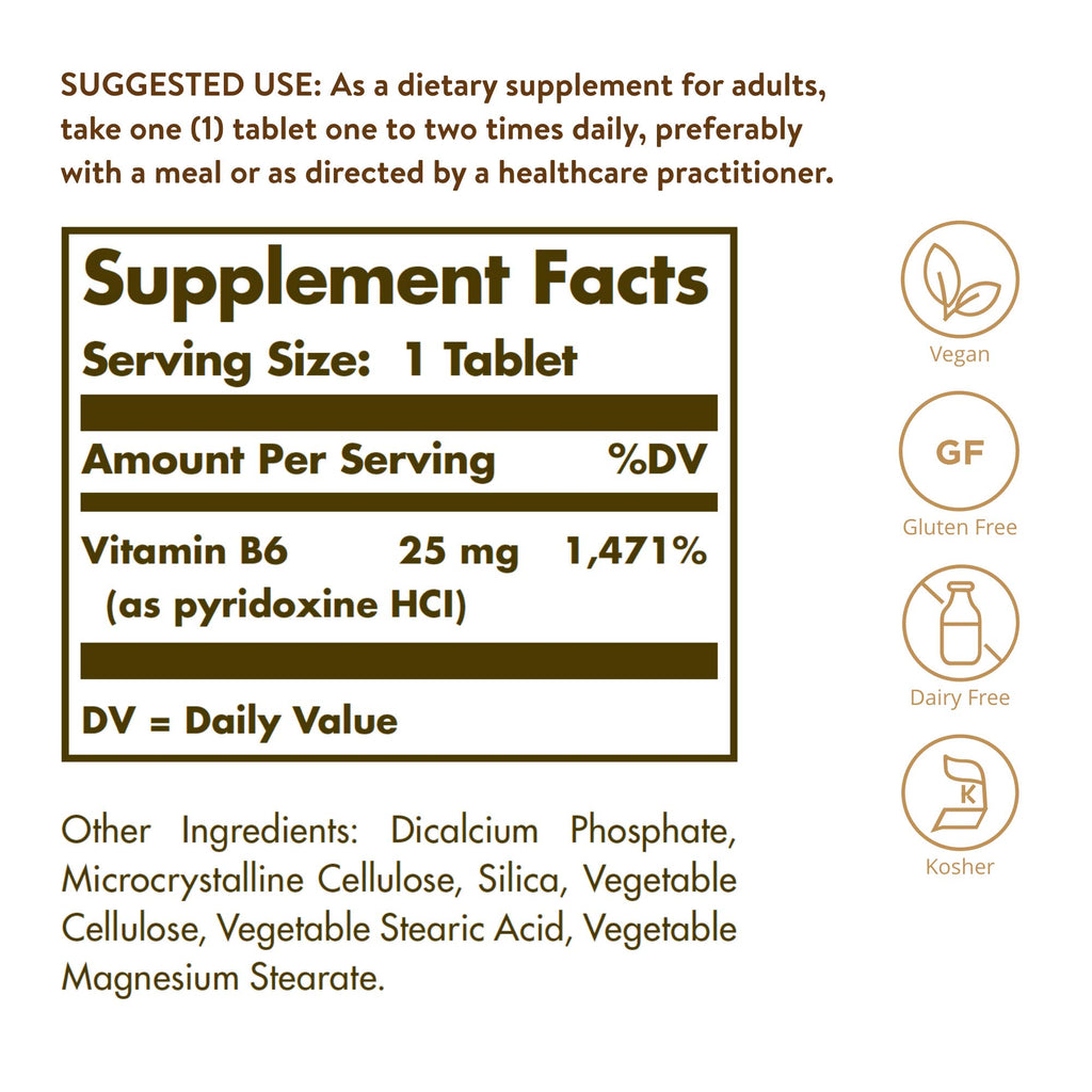Solgar Vitamin B6 25 mg, 100 Tablets - Supports Energy Metabolism | Heart Health & Healthy Nervous System - B Complex Supplement - Vegan, Gluten Free, Dairy Free, Kosher - 100 Servings