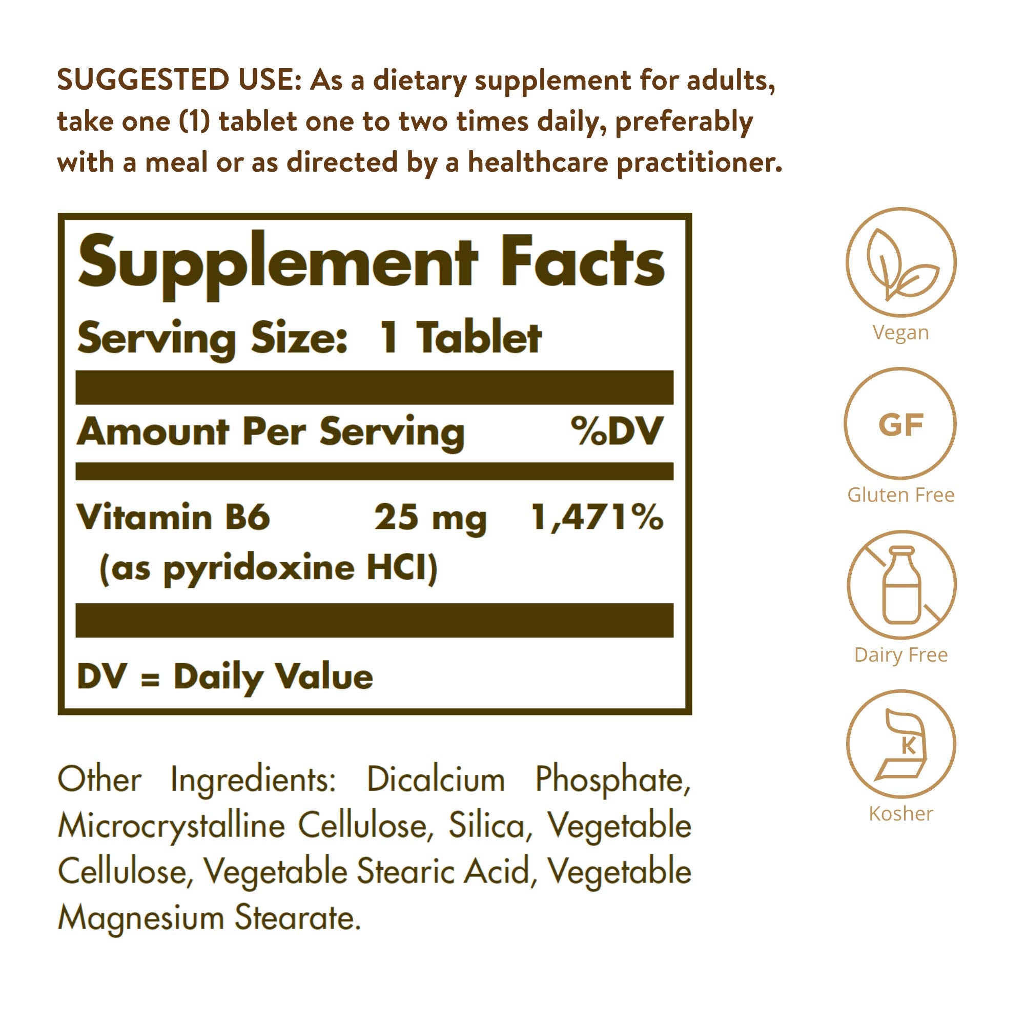 Solgar Vitamin B6 25 mg, 100 Tablets - Supports Energy Metabolism | Heart Health & Healthy Nervous System - B Complex Supplement - Vegan, Gluten Free, Dairy Free, Kosher - 100 Servings