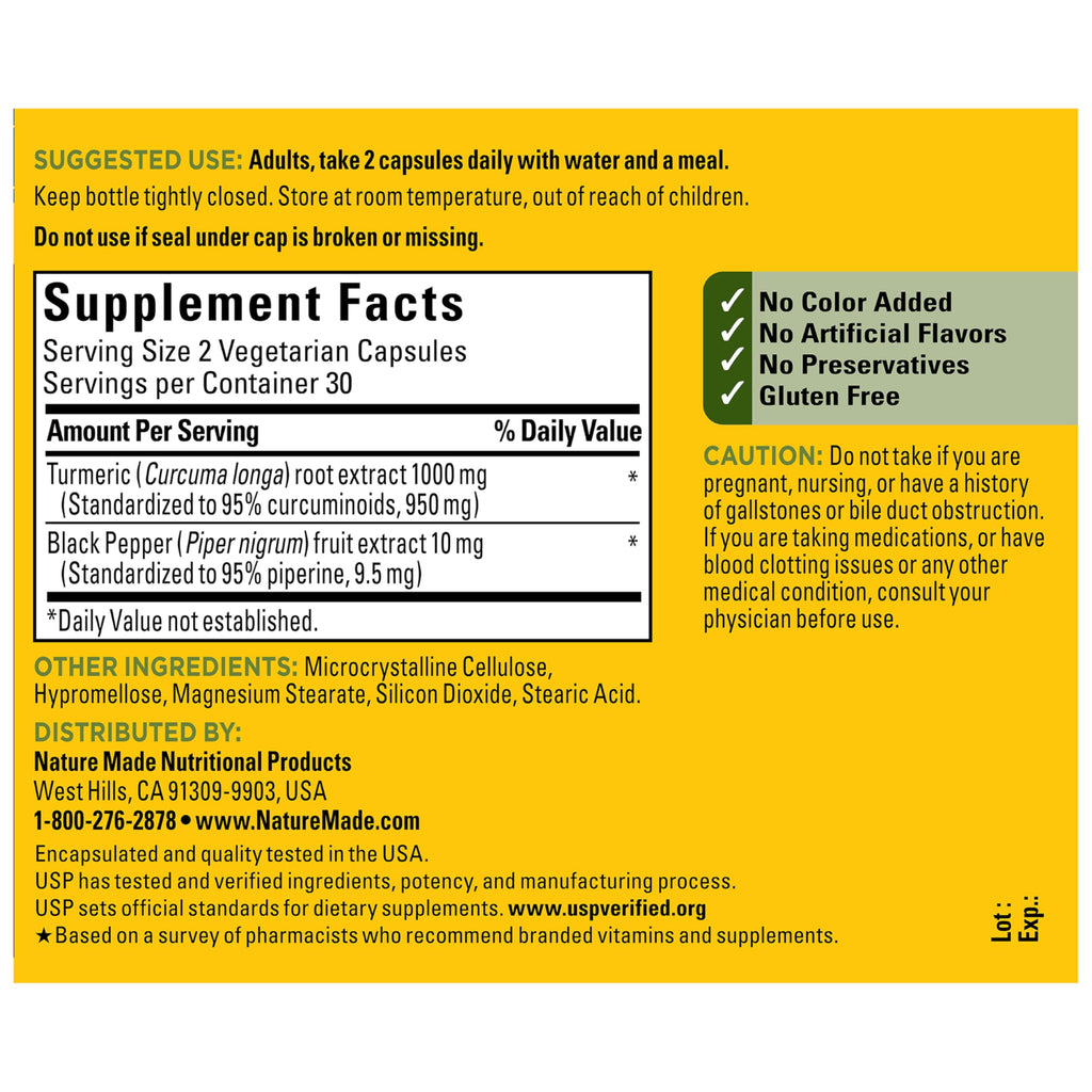 Nature Made Extra Strength Turmeric Curcumin with Black Pepper, 60 Capsules | 1000mg Turmeric Extract per serving (Standardized to 95% Curcuminoids), Supports Healthy Inflammation Response, Vegetarian