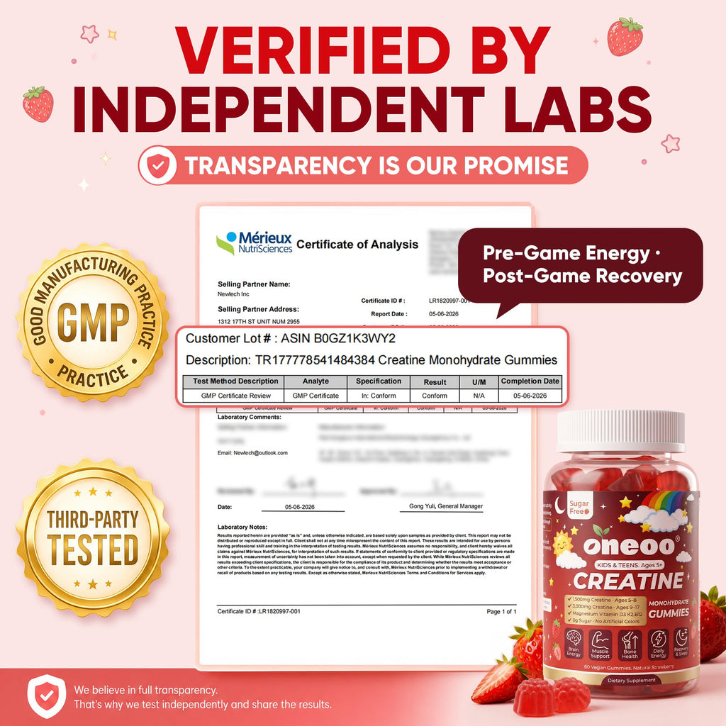 Creatine Monohydrate Gummies for Kids & Teens Ages 5+, with 1500mg-3000mg Creatine Monohydrate, with D3+K2 + Magnesium + B12, Supports Energy, Focus Bone & Brain Health, Sugar-Free, Strawberry 2 Pack
