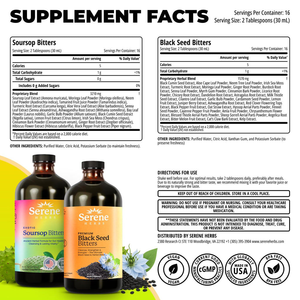 Serene Herbs Soursop Bitters Liquid & Black Seed Bundle – Organic Herbal Guanabana for Digestive Support – Vegan, Non-GMO – 32 oz (16 oz Each), (2 Pack)