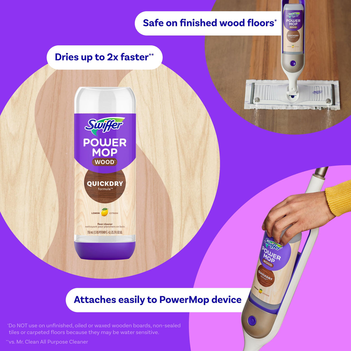 Swiffer Power Mop Wood Refill Solution, QuickDry Hardwood Floor Cleaner for Mopping Home, Bathroom, Kitchen, All Purpose Multi-Surface Solution for Floor Cleaning, Lemon Scent, 50.7 oz