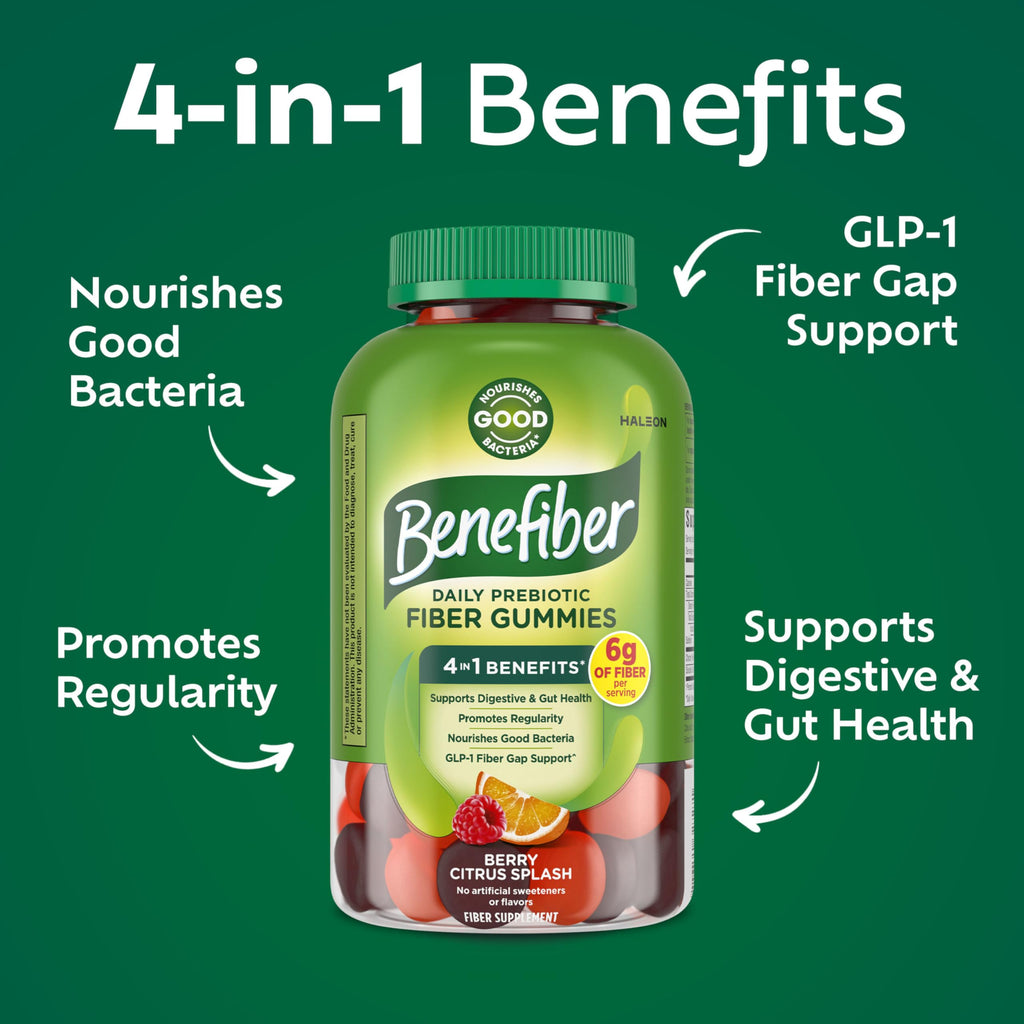 Benefiber Prebiotic Fiber Supplement Gummies, Citrus Berry Splash, 126 Ct | Plant-based Prebiotic Fiber, Supports Gut Health by Nourishing Good Gut Bacteria, GLP-1 Support for Digestive Health