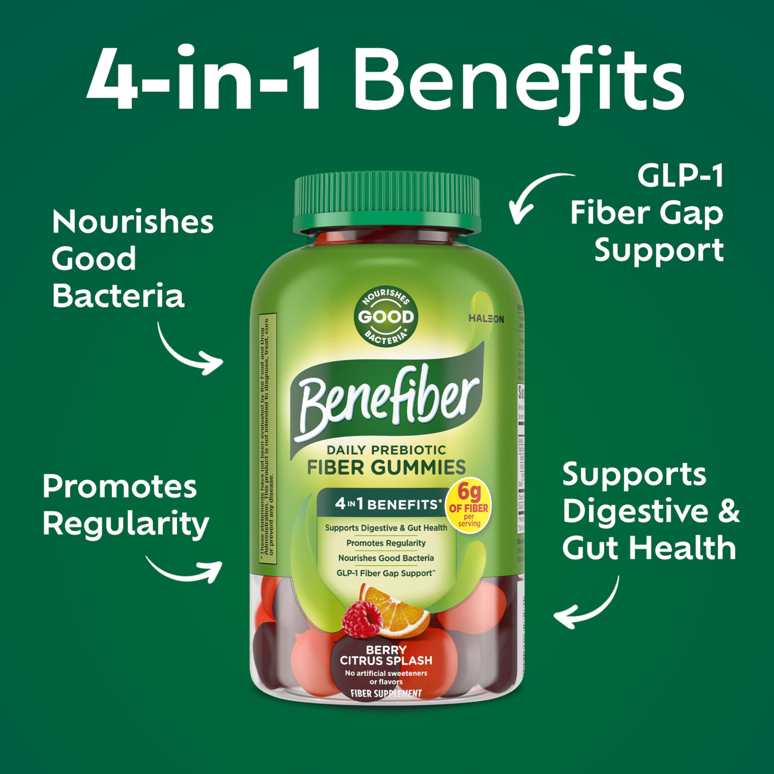 Benefiber Prebiotic Fiber Supplement Gummies, Citrus Berry Splash, 126 Ct | Plant-based Prebiotic Fiber, Supports Gut Health by Nourishing Good Gut Bacteria, GLP-1 Support for Digestive Health