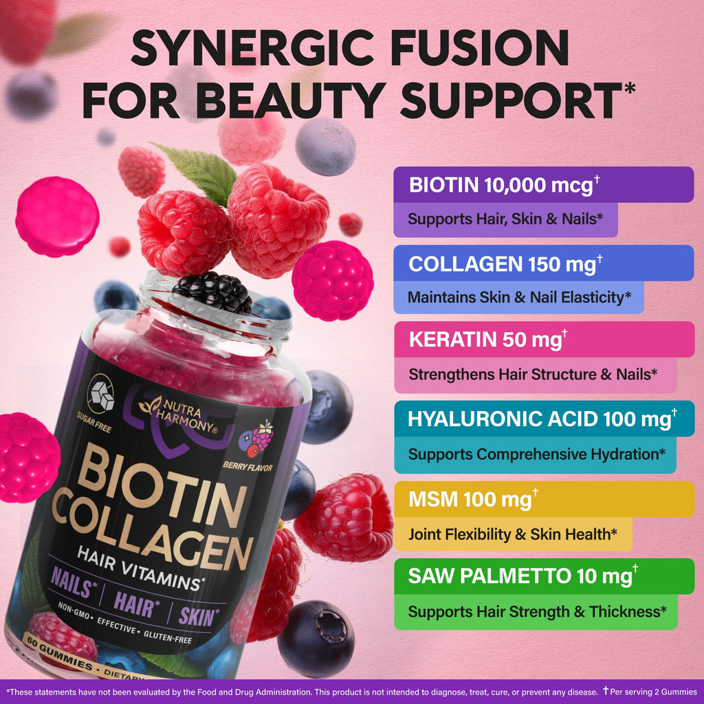 Biotin Gummies for Hair Growth Support - for Women & Men - Berry, Pack of 2 | Biotin 10000mcg, Collagen, Keratin, Hyaluronic Acid, B-Complex, Saw Palmetto - Hair, Skin & Nail Strengt Support - Sugar-Free