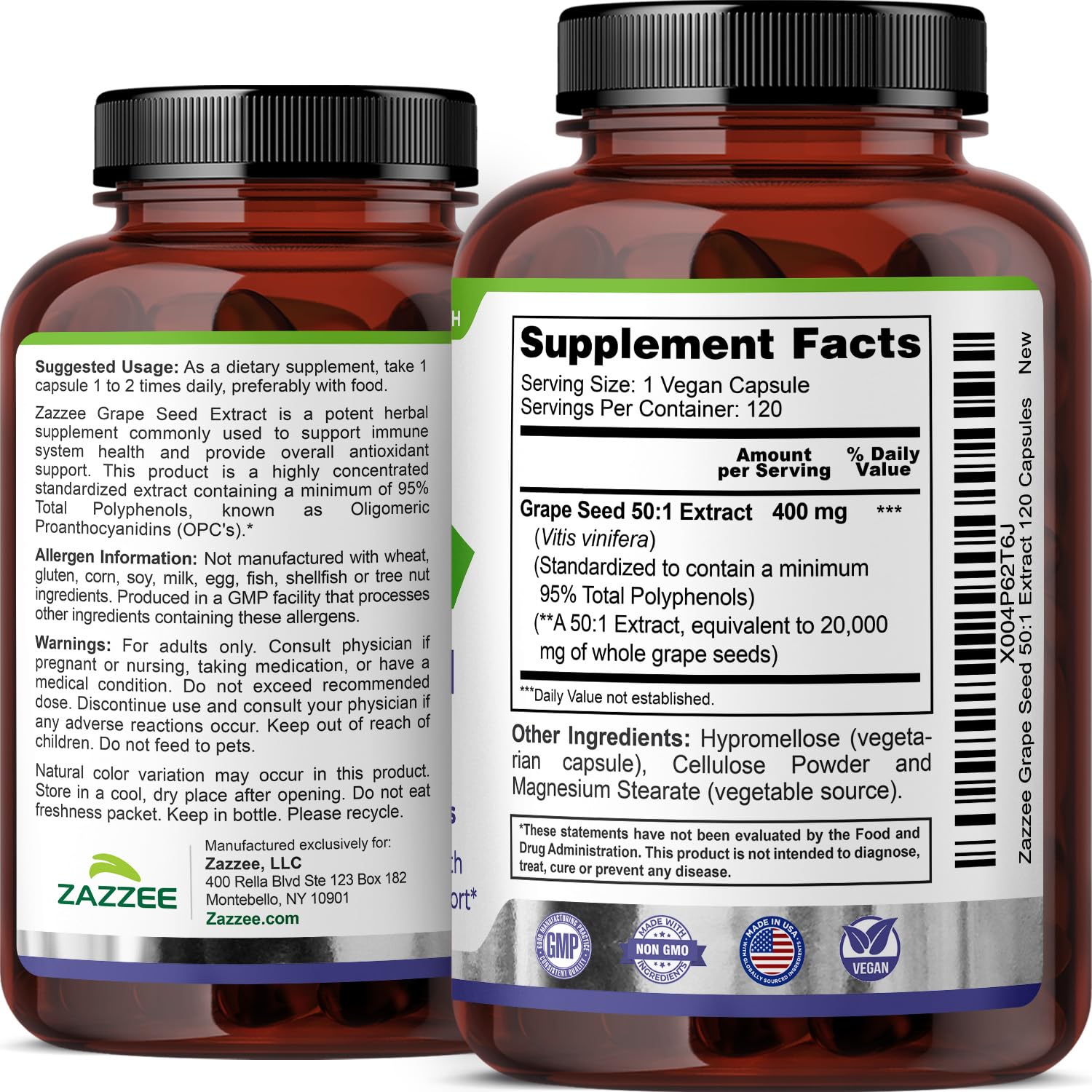 Zazzee High Strength Grape Seed 50:1 Extract, 120 Capsules, 95% Polyphenols | Vegan, 400 mg per Capsule, 4 Month Supply, Antioxidant, Circulation & Blood Flow Support, Non-GMO, Made in the USA
