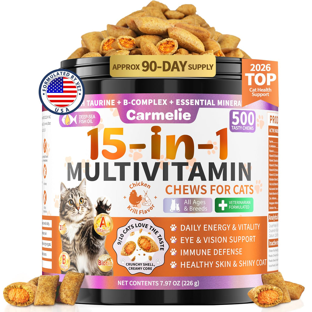 Carmelie Taurine for Cats Vitamins Treats, 15 in 1 Cat Multivitamin, 500 Ct
