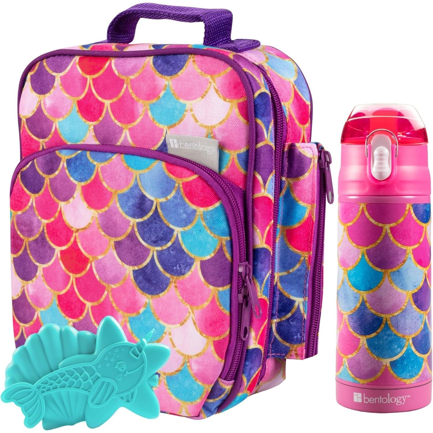 Buy now Bentology Kids Lunch Bag Set w Matching Reusable Water Bottle & Hard Ice Pack- Blue Purple Cheetah Cat- Insulated Tote, Stainless Steel Insulated Thermos, Hard Ice Pack- Back to School Lunchbox Kits Mermaid at indiglob india