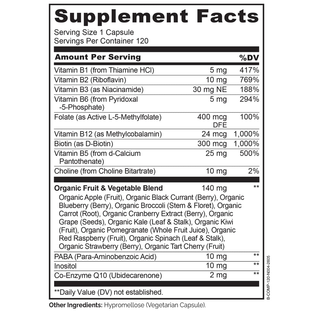 NATURELO Vitamin B Complex, 120 Capsules, Vegan, CoQ10, Methyl Folate | Biotin, Fruit & Vegetable Blend, Supports Energy And Healthy Stress Response, Super B Complex Vitamins for Women and Men