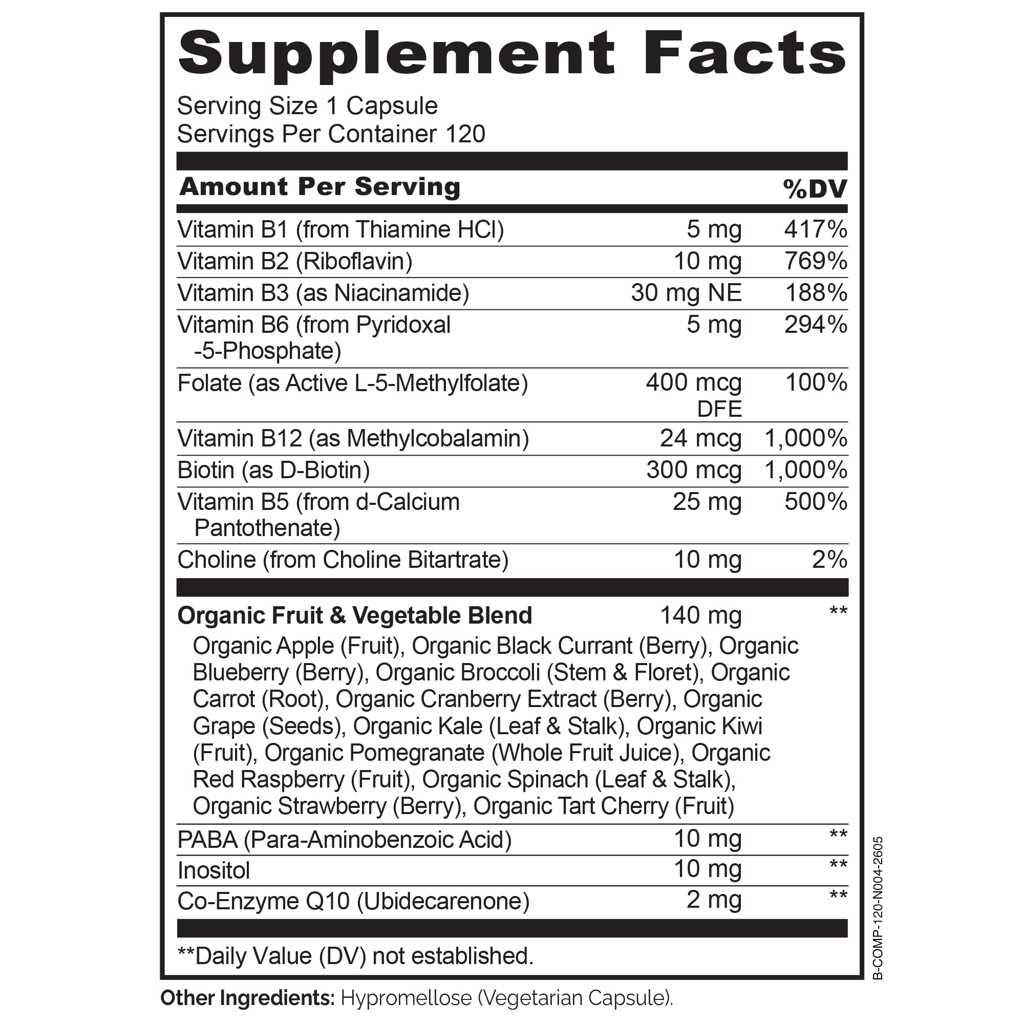 NATURELO Vitamin B Complex, 120 Capsules, Vegan, CoQ10, Methyl Folate | Biotin, Fruit & Vegetable Blend, Supports Energy And Healthy Stress Response, Super B Complex Vitamins for Women and Men