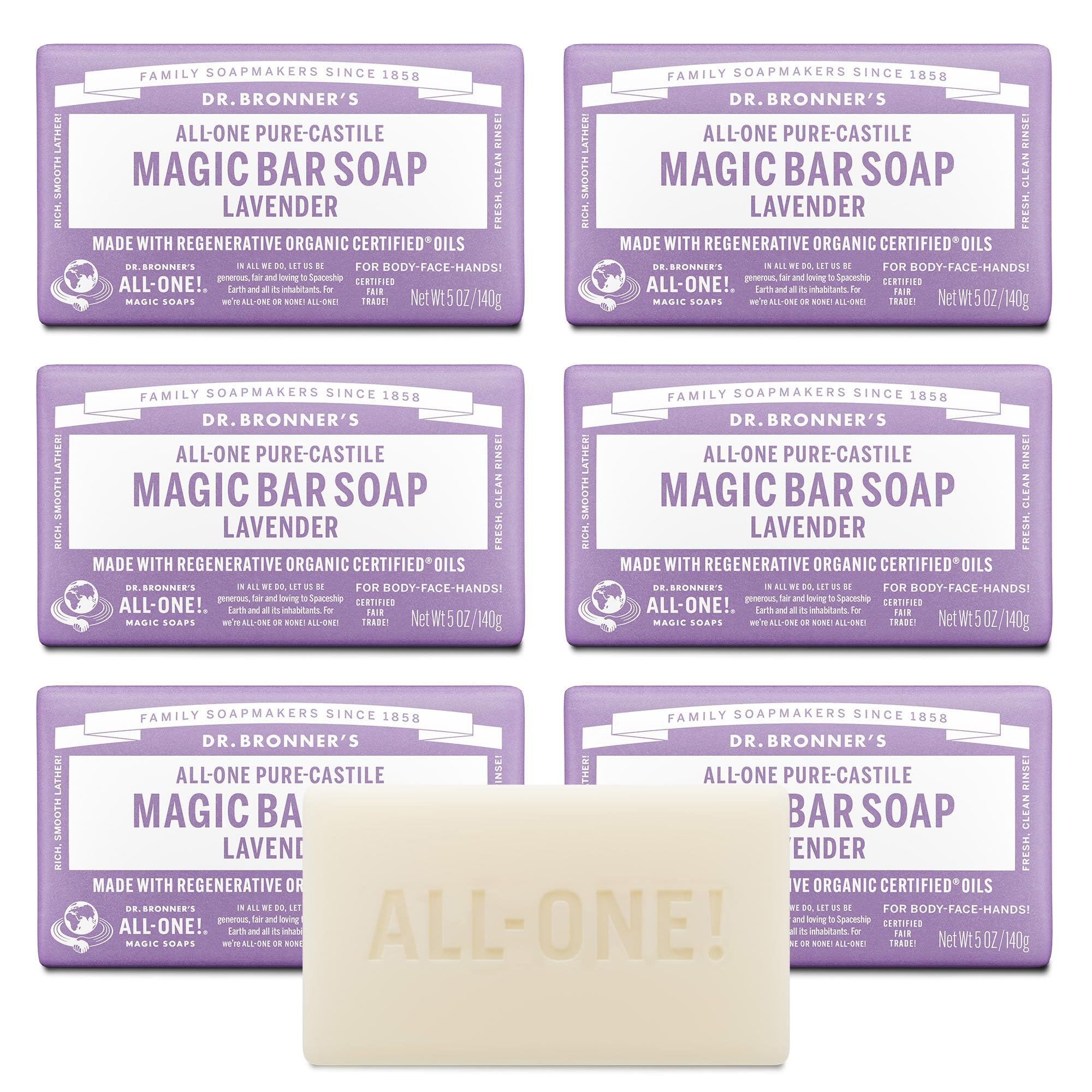 Buy now Dr. Bronner's Pure-Castile Magic Bar Soap - Made with Regenerative Organic Certified Oils - For Face, Body, Hair- Gentle on Sensitive Skin - Vegan Soap Bars for Men & Women - Lavender, 2 Pack, 5oz 5 Ounce (Pack of 6) at indiglob india