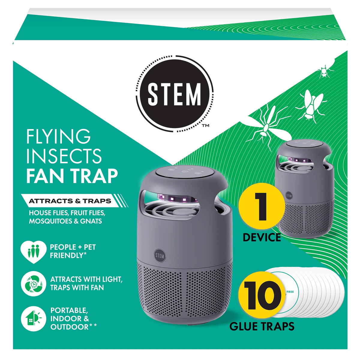 STEM Flying Insect Fan Trap for Indoor Bug Control, Attracts Mosquitoes, Fruit Flies, and House Flies, Plug-in Fan with UV Light, Starter Kit Includes 1 Device and 10 Glue Traps
