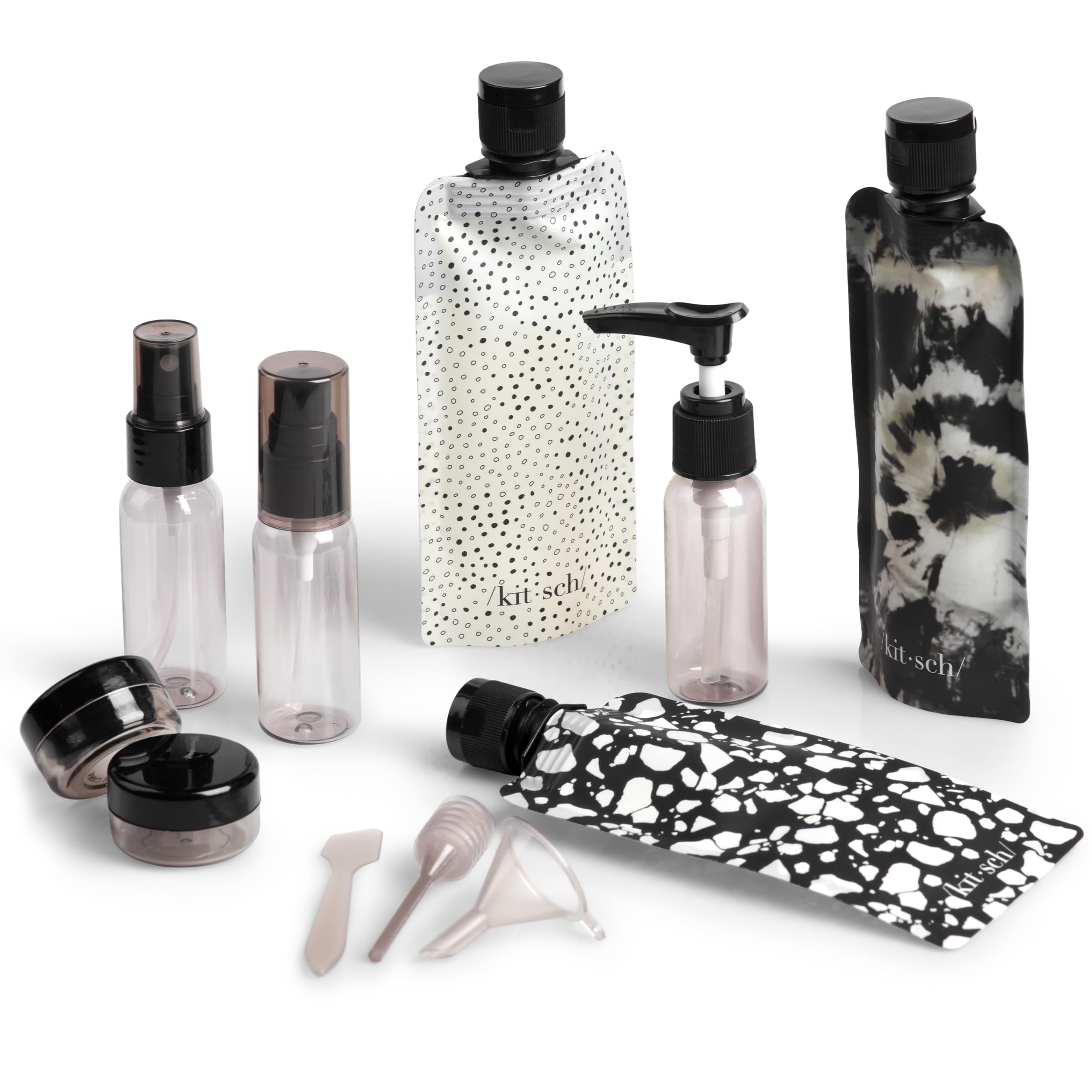 Buy now Kitsch 11 PCS Travel Bottles for Toiletries â€“ Travel Essentials Kit for Shampoo, Conditioner, Lotion & More - TSA Approved Travel Bottles, Leak-Proof Refillable Travel Size Containers - Black & Ivory at indiglob india