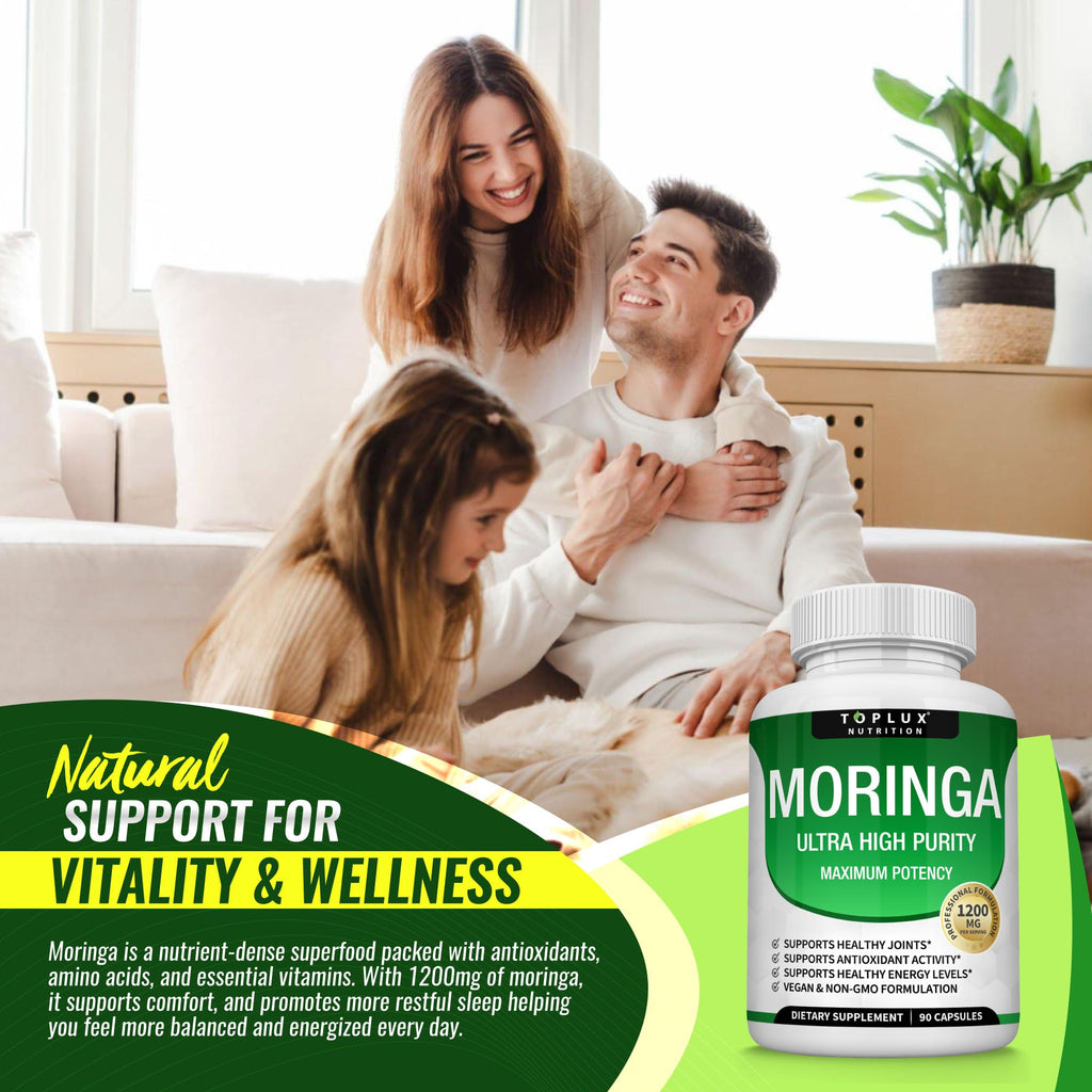 Toplux Moringa Capsules 1200mg – Pure Moringa Powder High Potency Leaf Extract Green Superfood Rich in Antioxidant, for Energy & Immune Support, Vegan Non-GMO 90 Capsules