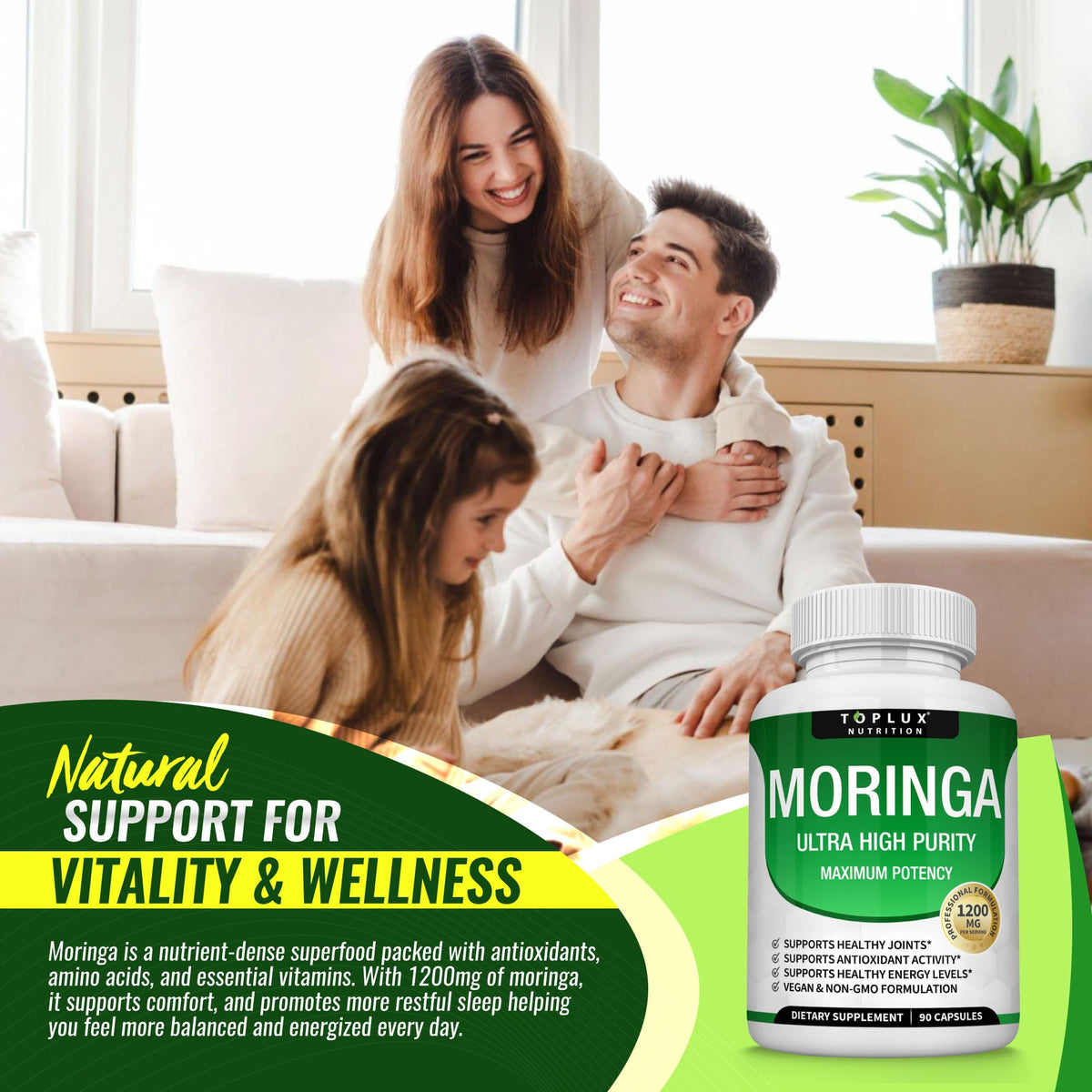 Toplux Moringa Capsules 1200mg – Pure Moringa Powder High Potency Leaf Extract Green Superfood Rich in Antioxidant, for Energy & Immune Support, Vegan Non-GMO 90 Capsules
