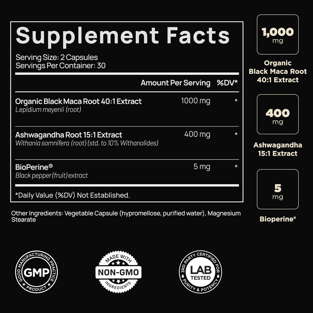 40x Strength Organic Black Maca Root with 15:1 Ashwagandha for Men | #1 Highest Potency Black Maca Root Capsules for Men 40:1 Extract - 100% Pure Maca Peruana Gelatinized Maca Root Powder Pills
