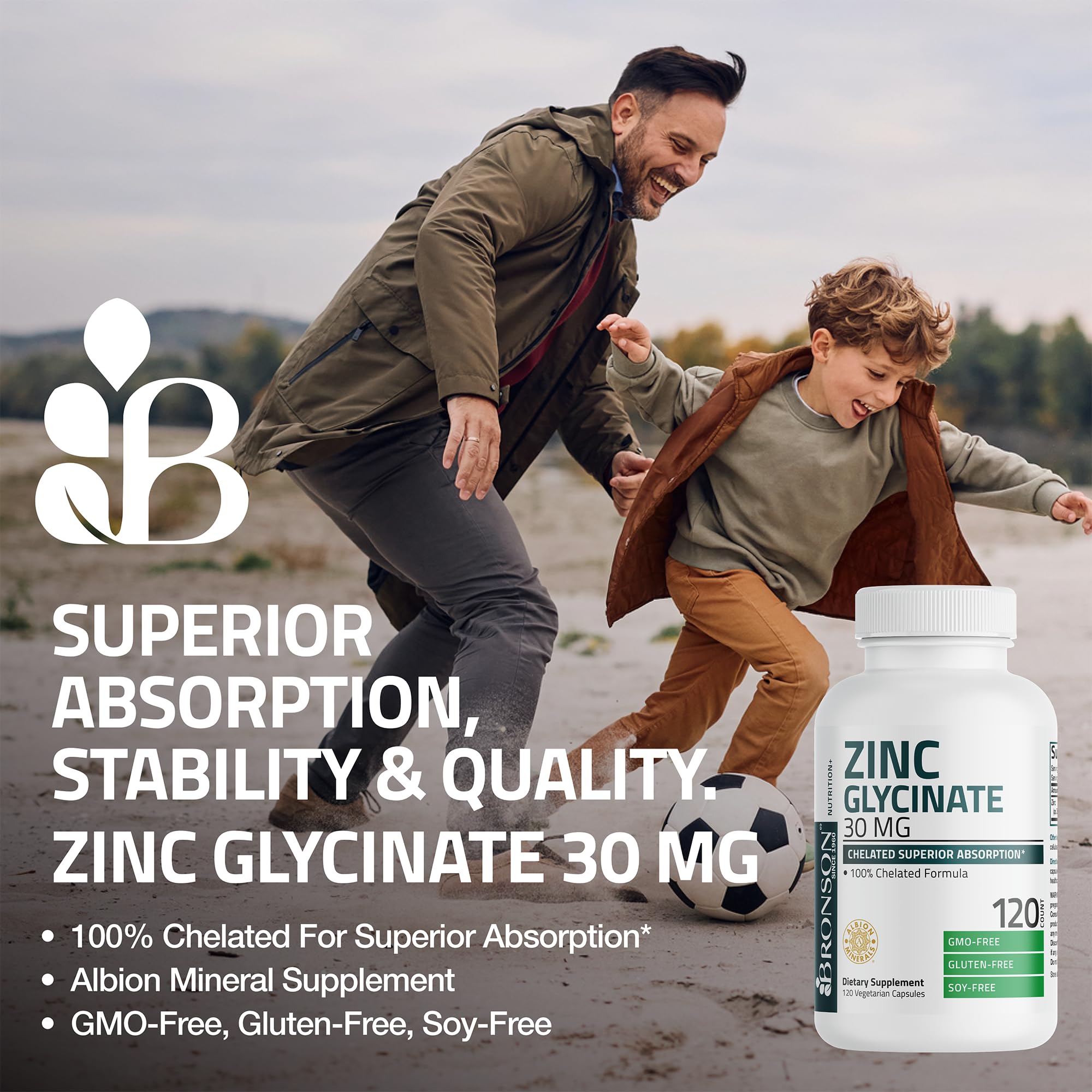 Bronson Zinc Glycinate 30 mg (Zinc Bisglycinate Chelate), 120 Capsules | 100% Chelated Zinc from Albion Minerals for Absorption & Stability, Vegetarian, Non-GMO, Gluten-Free & Soy-Free