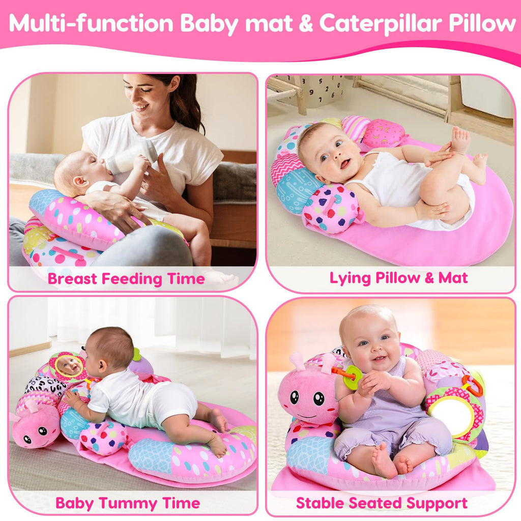 2 in 1 Baby Tummy Time Mat & Support Seated Pillow Infant Newborn Toys 0 1 2 3 4 5 6 Months Pink Caterpillar Sensory Developmental Playmat 0-6 3-6 12 Month Mirror Babies Girls Shower Gifts Essentials