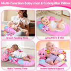 2 in 1 Baby Tummy Time Mat & Support Seated Pillow Infant Newborn Toys 0 1 2 3 4 5 6 Months Pink Caterpillar Sensory Developmental Playmat 0-6 3-6 12 Month Mirror Babies Girls Shower Gifts Essentials