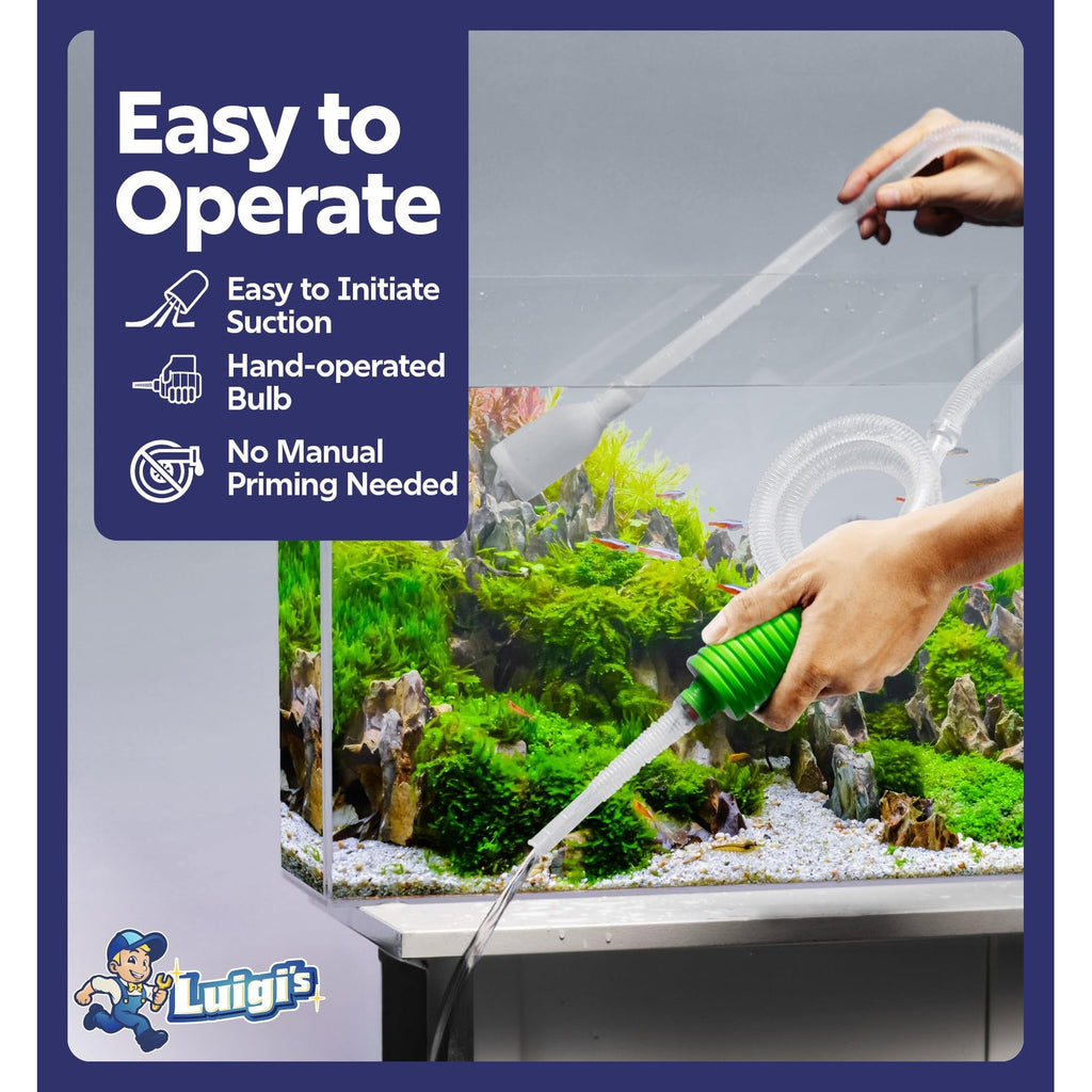 Luigi's Fish Tank Cleaner - Turtle Tank Accessories - Gravel Vacuum for Aquarium - Hand Siphon Hose to Remove and Change Water or Sand in Minutes - Aquarium Cleaning Tools