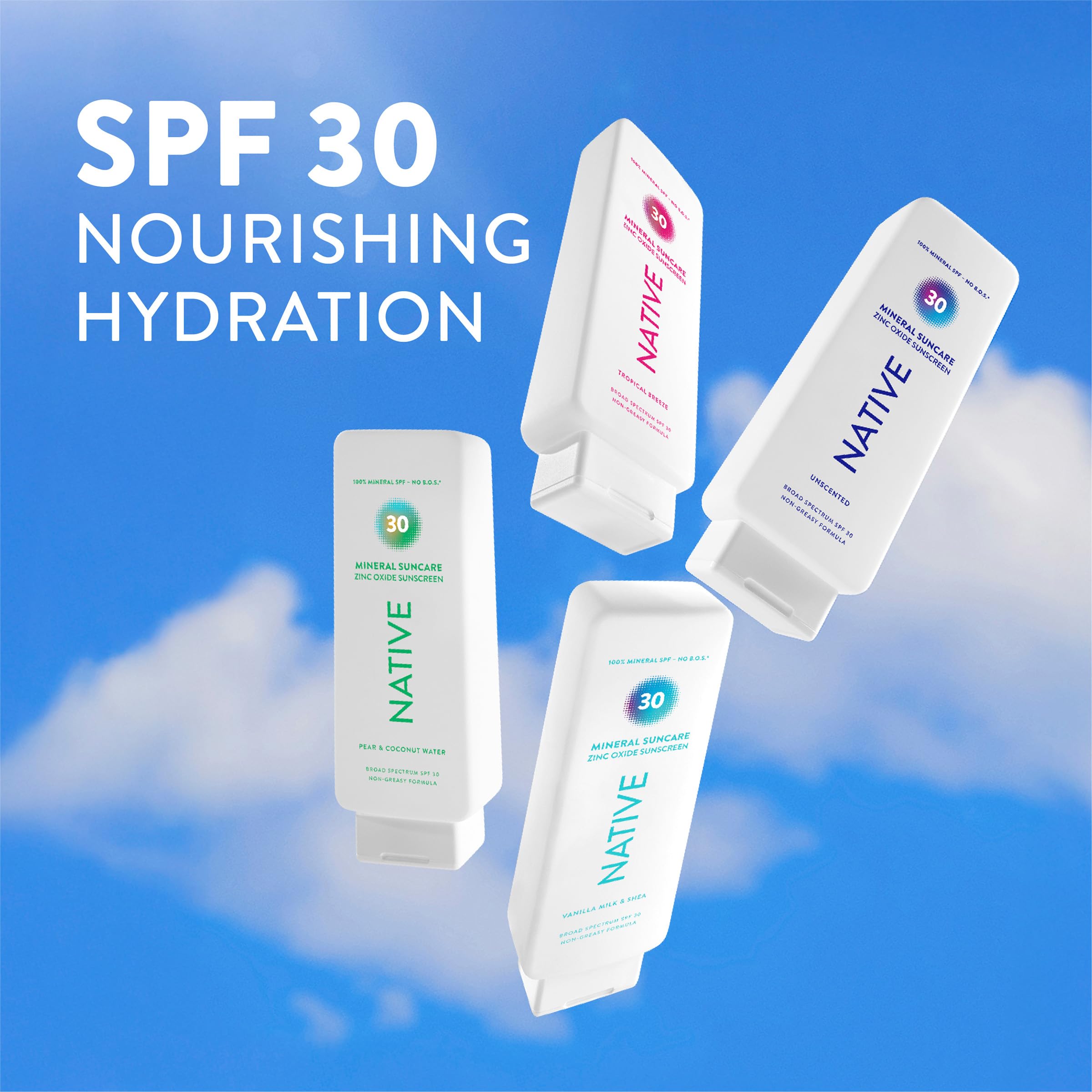 Native Mineral Sunscreen Lotion SPF 30, Vanilla Milk & Shea Scent, with 100% Mineral Zinc Oxide for Face & Body, Hawaii Compliant, Vegan, No White Cast - 7 oz