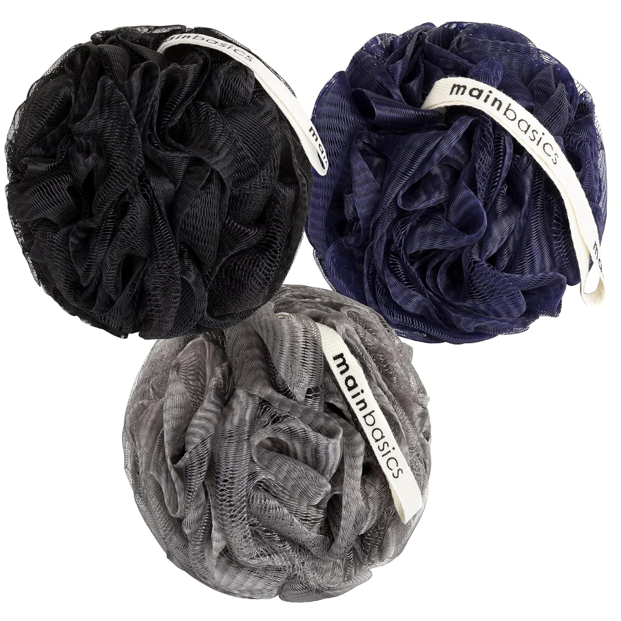 Buy now MainBasics Seaweed Infused Bath Shower Loofah Sponge Pouf Body Wash Scrubber (Set of 3) Black Ice at indiglob india