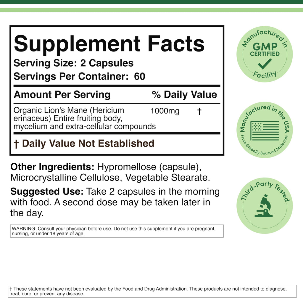 Organic Lion's Mane Mushroom 1,000mg, Memory + Focus Support, 120 Capsules | Supplement for Brain, Gut, and Heart Health, Grown in USA, Nerve Healthy (NGF) + Immune System Support, 3rd-Party Tested