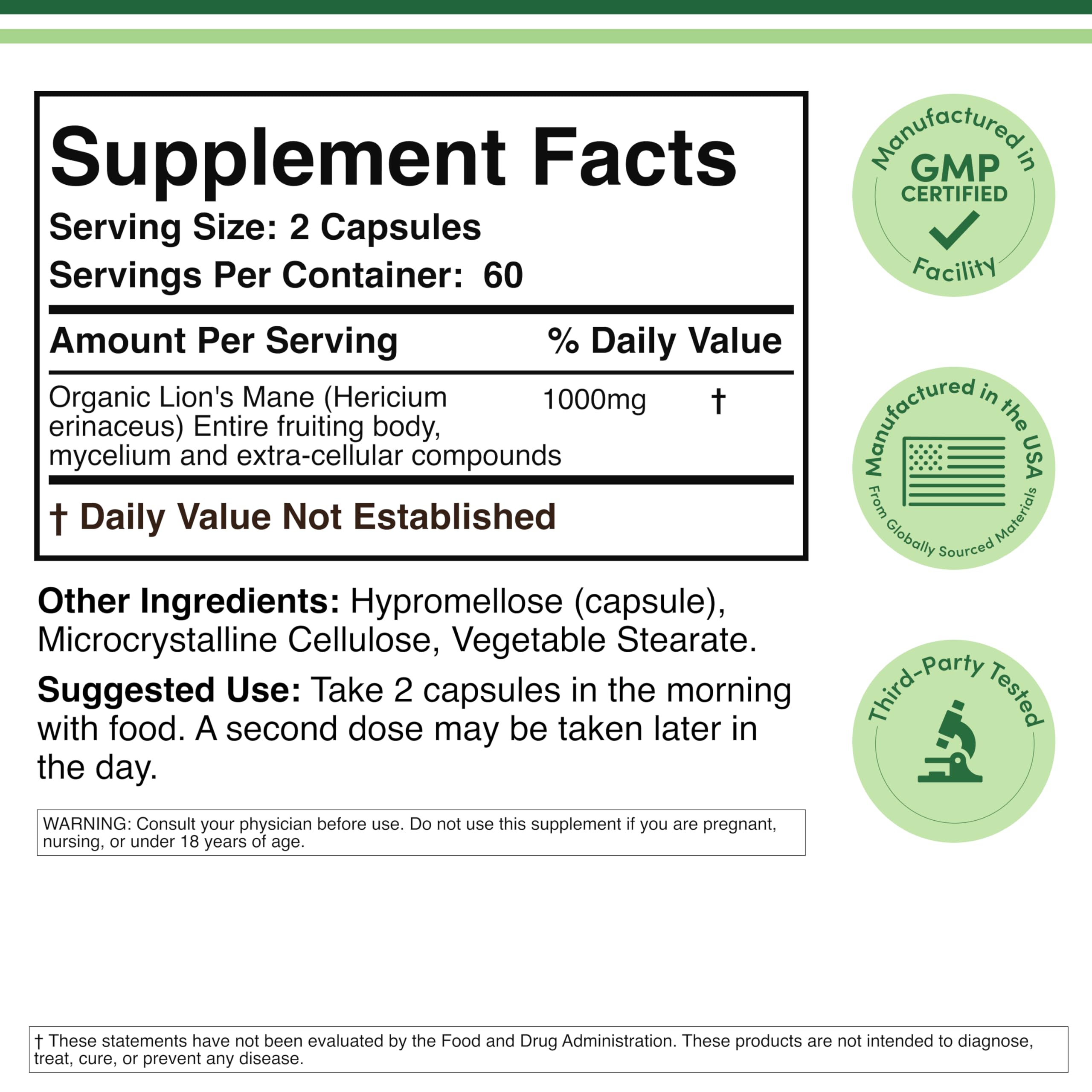 Organic Lion's Mane Mushroom 1,000mg, Memory + Focus Support, 120 Capsules | Supplement for Brain, Gut, and Heart Health, Grown in USA, Nerve Healthy (NGF) + Immune System Support, 3rd-Party Tested