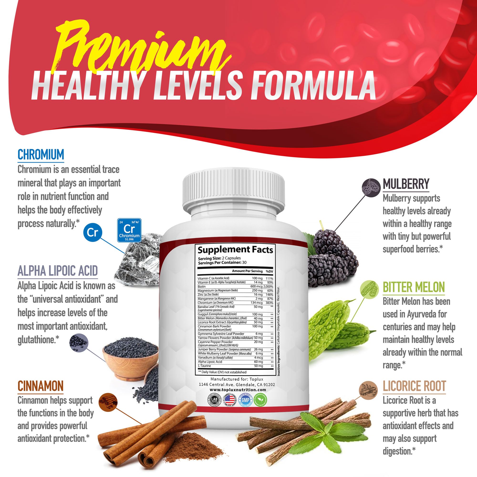 Blood Sugar Complex Supplement - Supports Healthy Blood Sugar Levels Already Within Normal Range All Natural with Cinnamon, Bitter Melon, Chromium, Mulberry, Alpha Lipoic Acid, Non-GMO, 60 Capsules