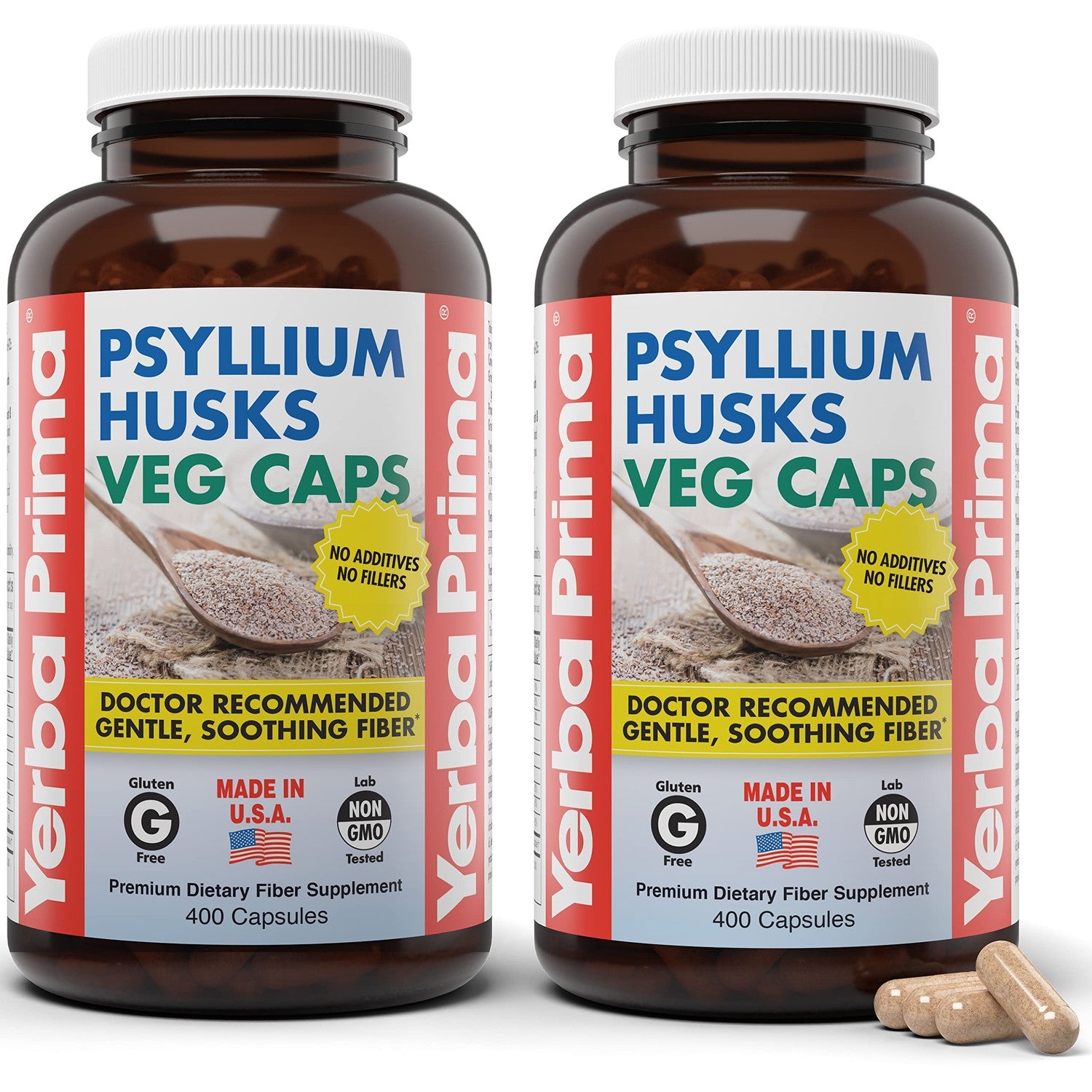 Yerba Prima Psyllium Husks Veg Caps, 400 Capsules (625mg) - Vegan, Non-GMO, Gluten Free, Colon Cleanser, Daily Fiber Supplement for Gut Health & Regularity