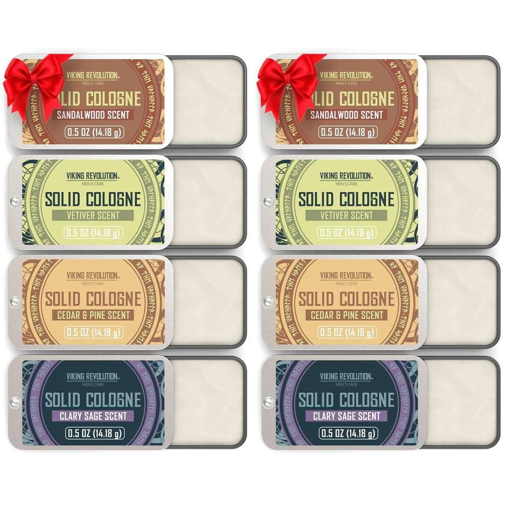 Viking Revolution Solid Cologne Set - Variety 1-0.5 oz (4 Pack) | Includes Cedar Wood, Clary Sage, Vetiver & Sandalwood - Travel Wax Colognes - Great Gift Set for Men