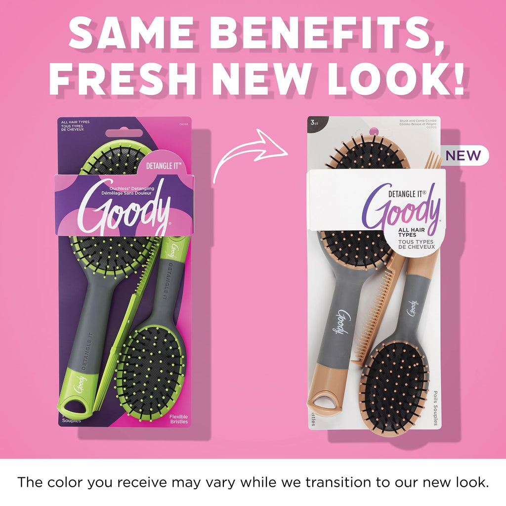 Goody Detangle It Hair Brushes Set - Large Oval Paddle Brush + Detangling Comb + Mini Brush, Suitable for Detangling & Styling, Pick Comb for Tangles On-the-Go, For Wet or Dry Hair, Brown/Grey