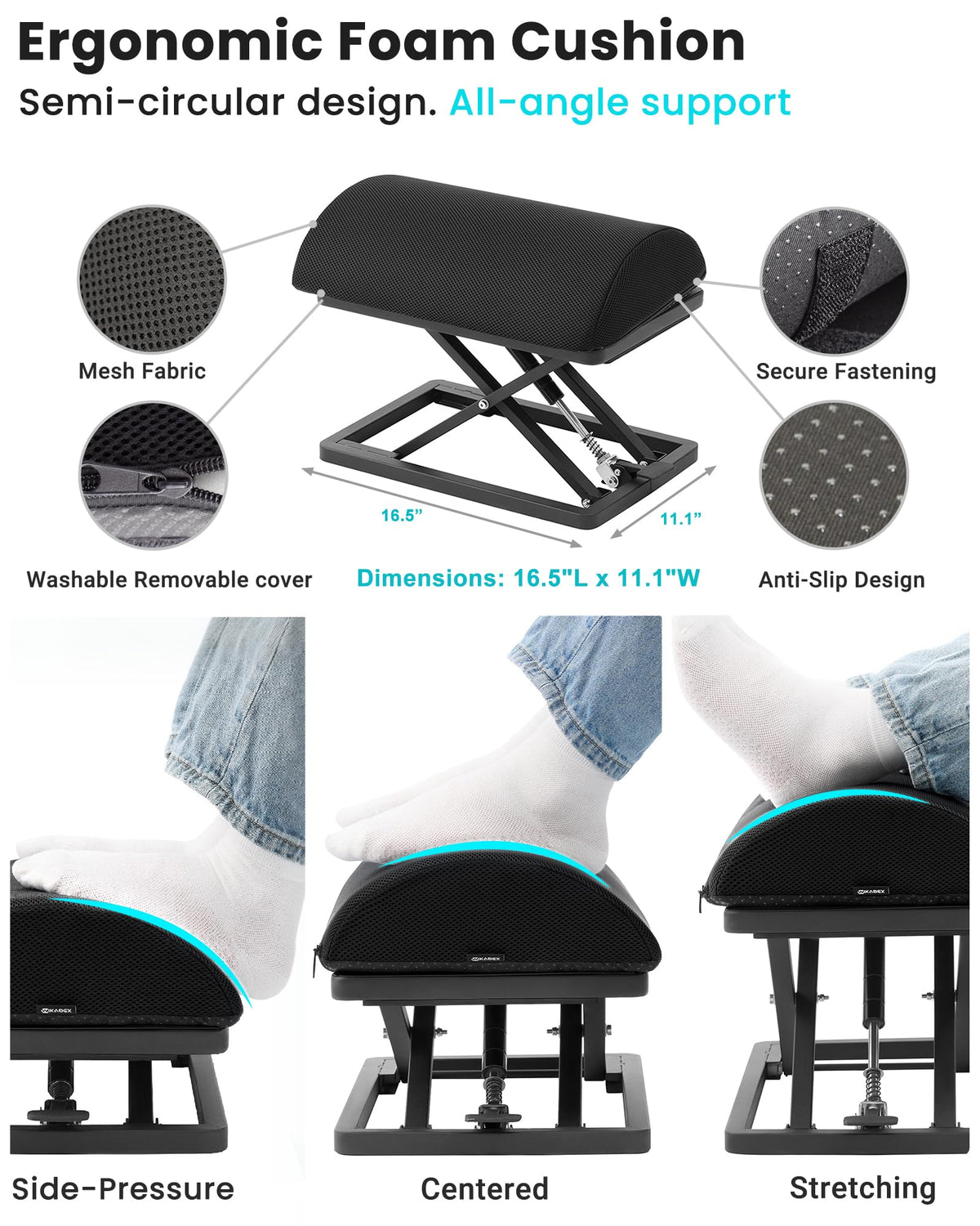 Step-to-Adjust Foot Rest—Truly Infinite Height, No Bending Needed