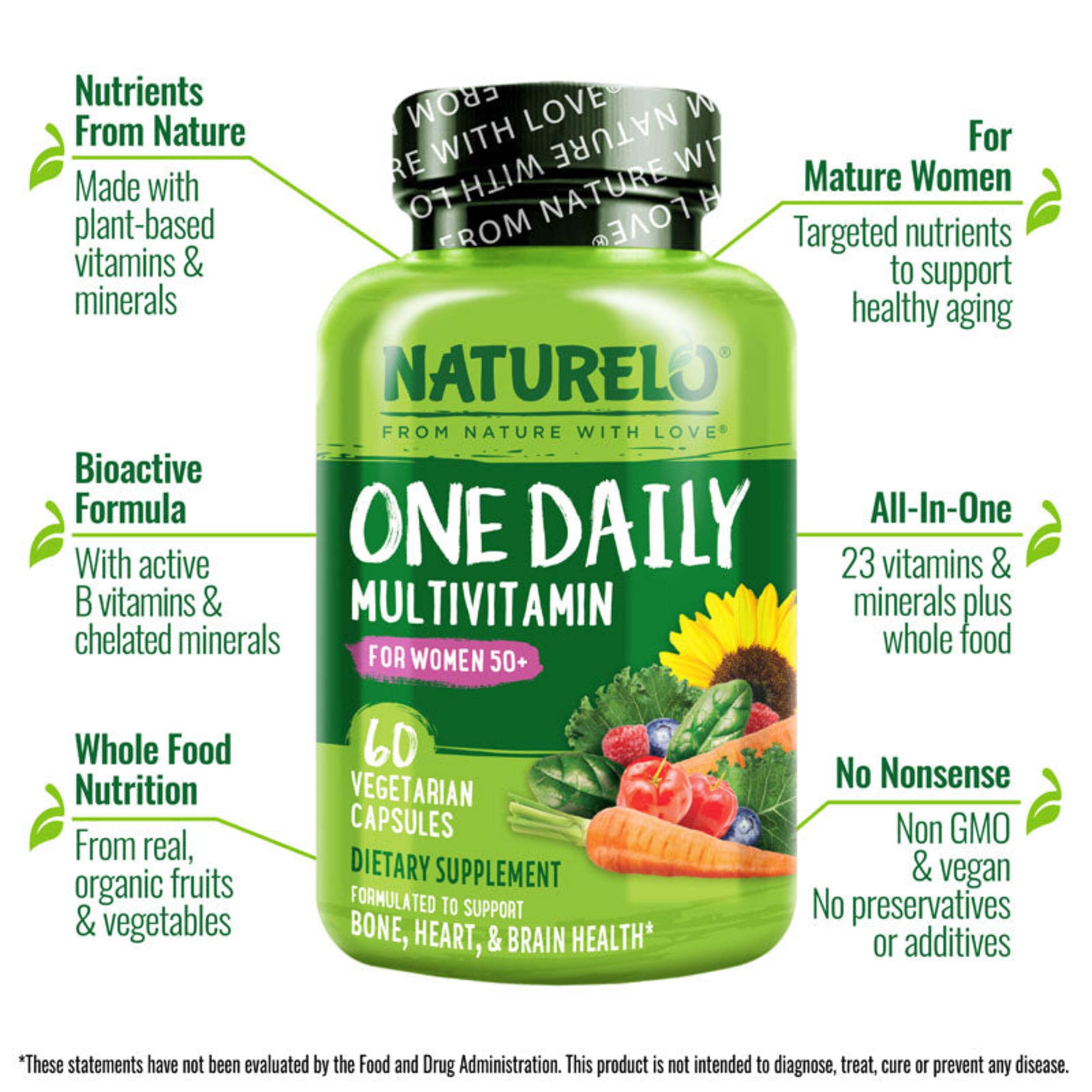 NATURELO One Daily Multivitamin for Women 50+ w/Vitamin B12, 60 Count | Energy Support, Whole Food Daily Women Multivitamin Supplement, Nourish Hair/Skin/Nail, Non-GMO, No Soy, Gluten Free