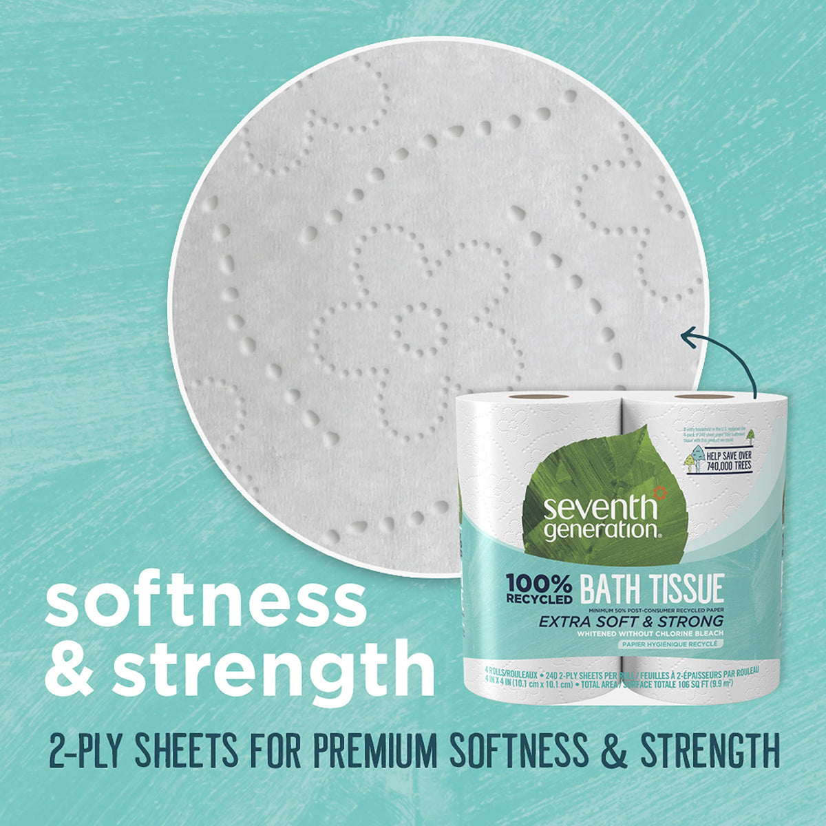Seventh Generation Bath Tissue Toilet Paper Chlorine Free 2 Ply Toilet Paper 100% Recycled Paper 4 Count (Pack of 1)