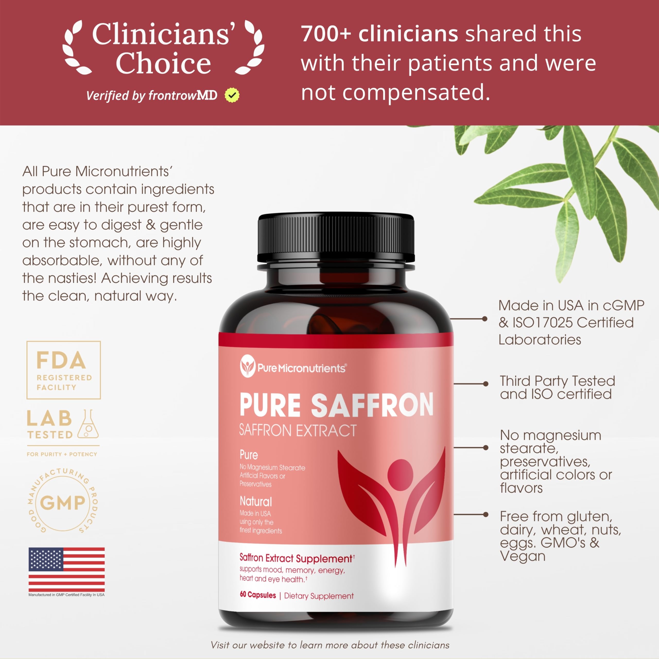 Saffron Supplement, 100% Pure Saffron Extract Capsules, Mood & Energy | Supports eye & heart health, positive mood & natural energy; 60 vegan capsules by Pure Micronutrients