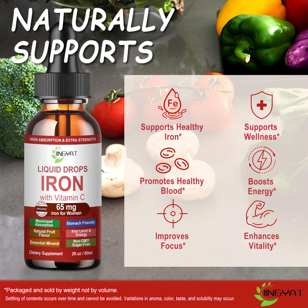 Iron Supplement Liquid Drops, High Absorption Iron Supplement for Women 65 mg, Liquid Iron for Red Blood Cell Support*, Vegan Essential Mineral Iron Drops with Vitamin C, Non-GMO, 30 Servings